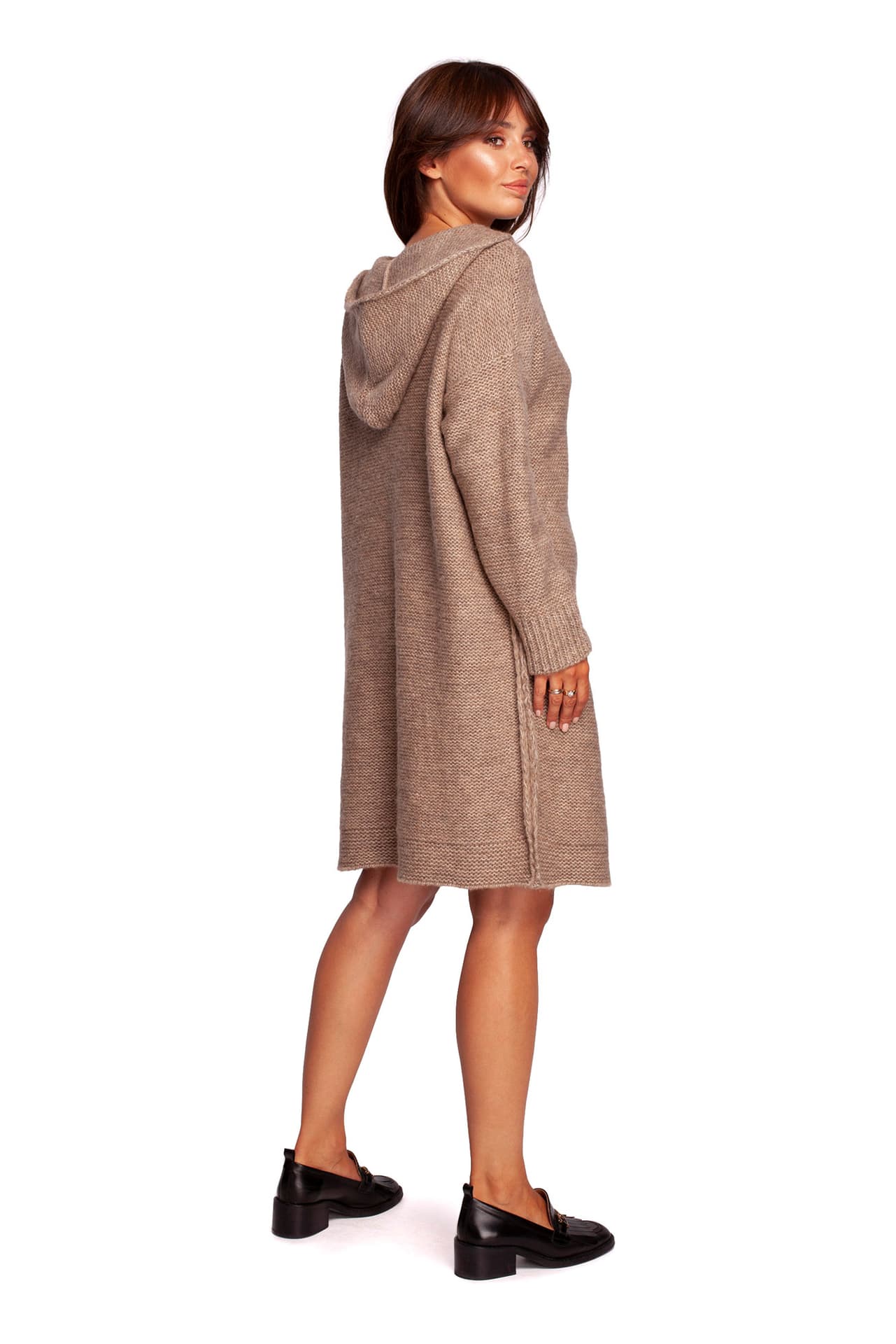 

BK089 Sweter sukienka z kapturem - jasnobrązowy (kolor jasno brązowy, rozmiar S/M)