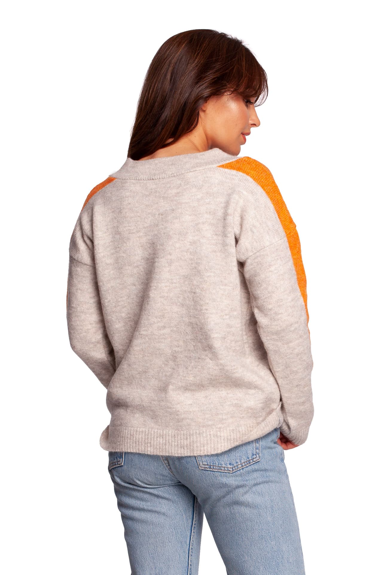 

BK093 Sweter w serek z kontrastowymi lampasami - kość słoniowa (kolor ivory (kość słoniowa), rozmiar S/M)