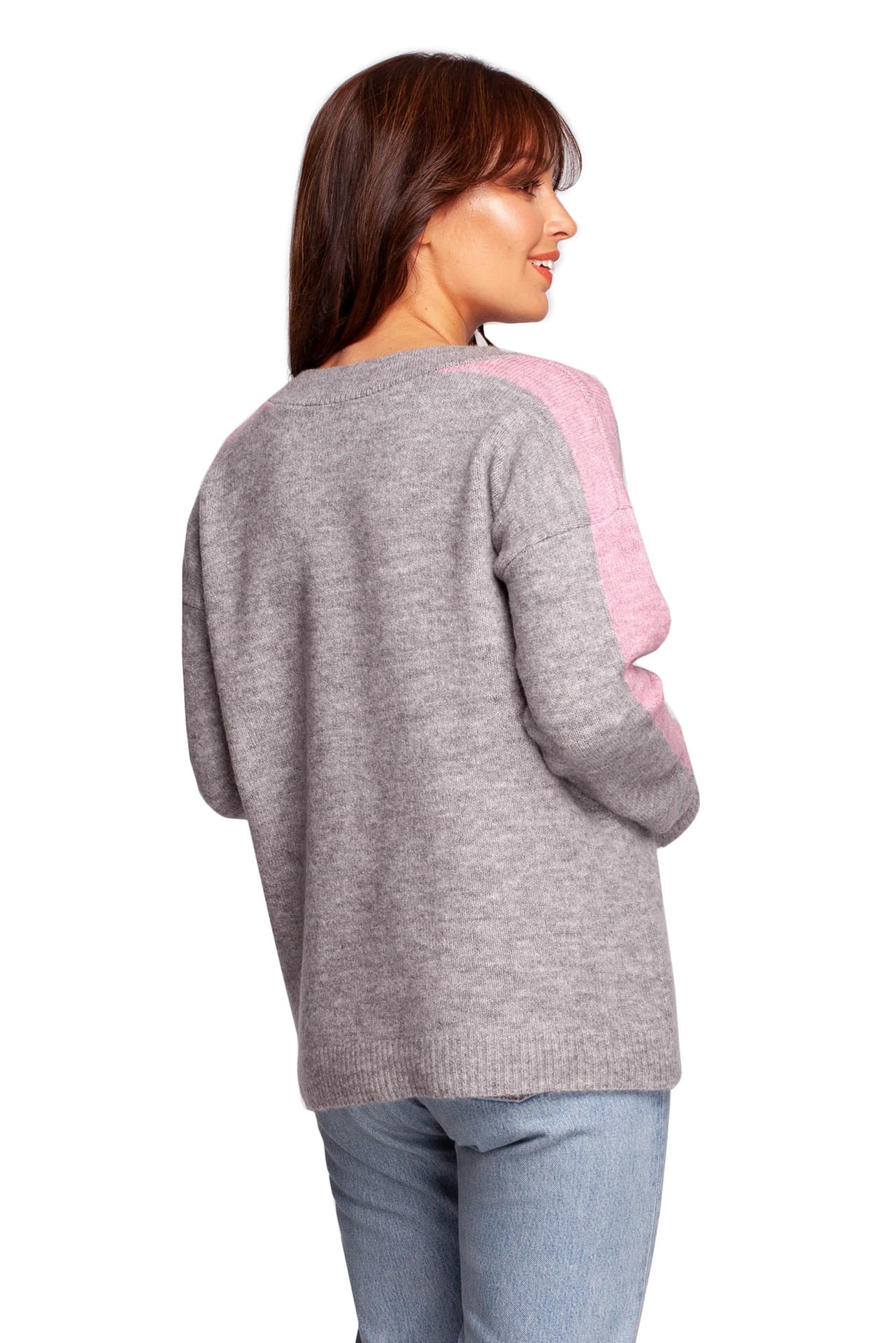 

BK093 Sweter w serek z kontrastowymi lampasami - szary (kolor szary, rozmiar S/M)