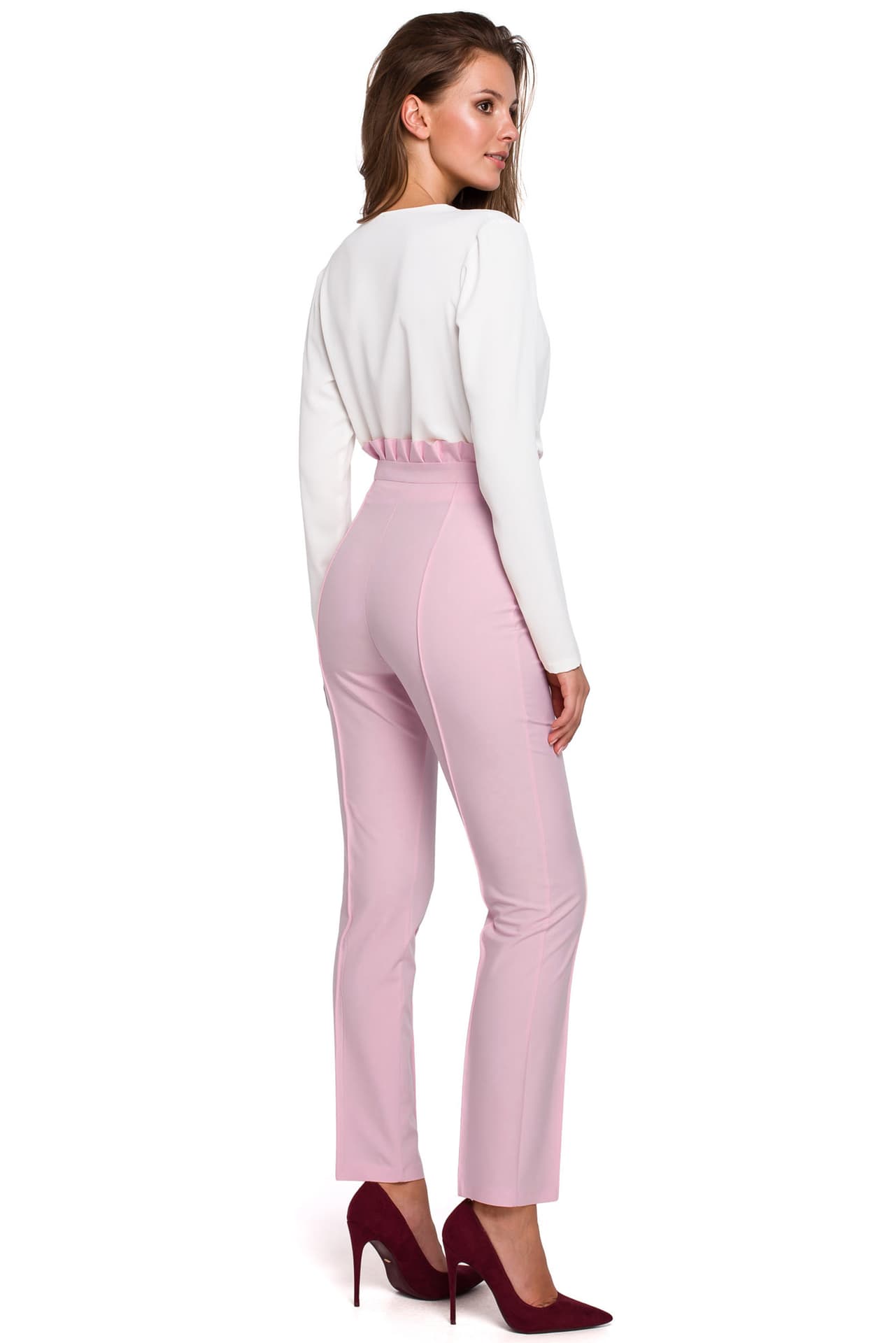 

K008 Spodnie z wysokim stanem i falbanką - lilac (kolor lila, rozmiar S)