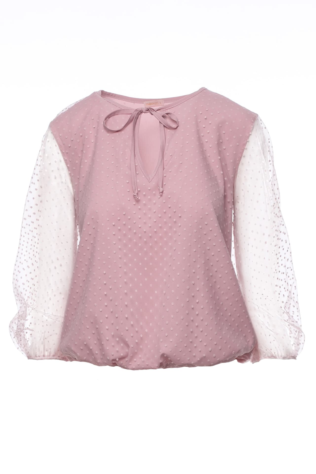 

K057 Bluzka z bufiastymi rękawami i wiązaniem pod szyją - brudny róż (kolor brudny róż, rozmiar L)