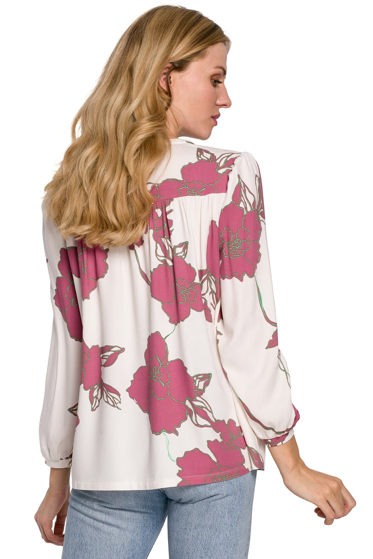 

K099 Bluzka z bufiastymi rękawami - model 2 (kolor ecru/róż, rozmiar 2XL/3XL)