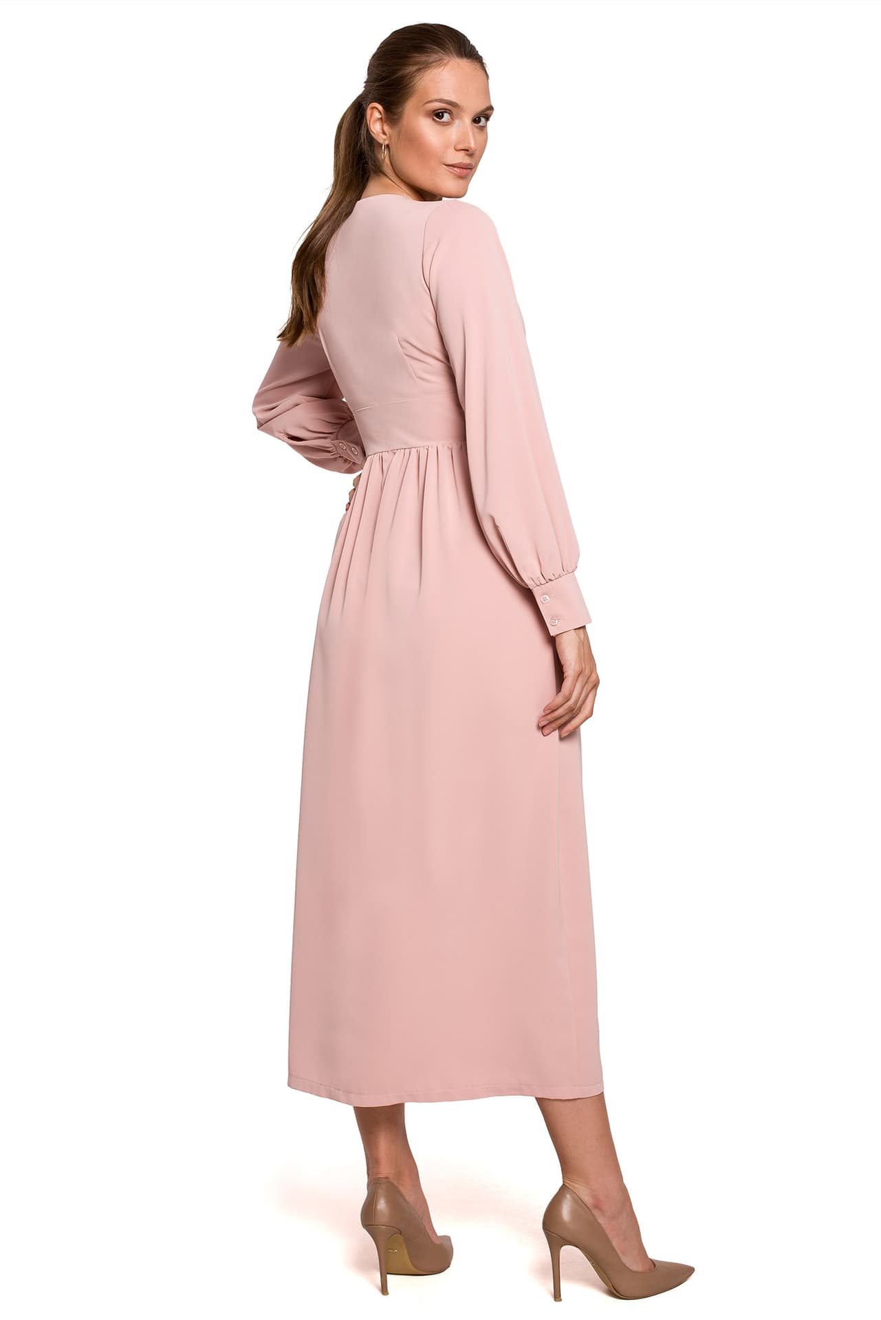 

K118 Sukienka maxi z dekoltem V - pudrowa (kolor pudrowy róż, rozmiar XXL)