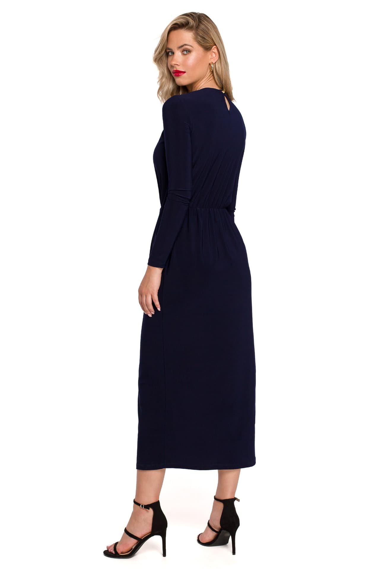 

K139 Długa sukienka z rozcięciem w dekolcie - granatowa (kolor granat, rozmiar XL)