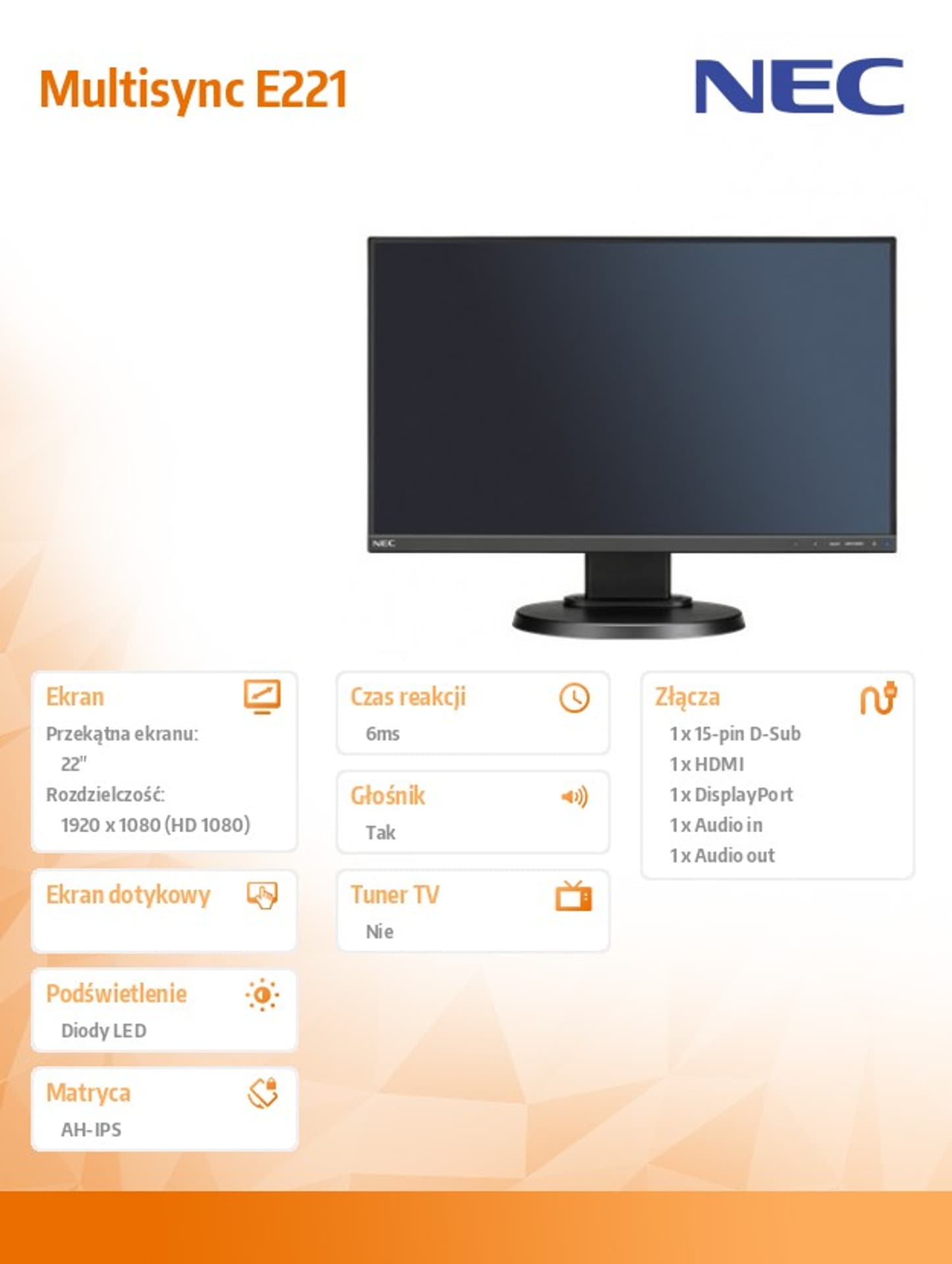 

Monitor Multisync E221 PS DP HDMI Czarny