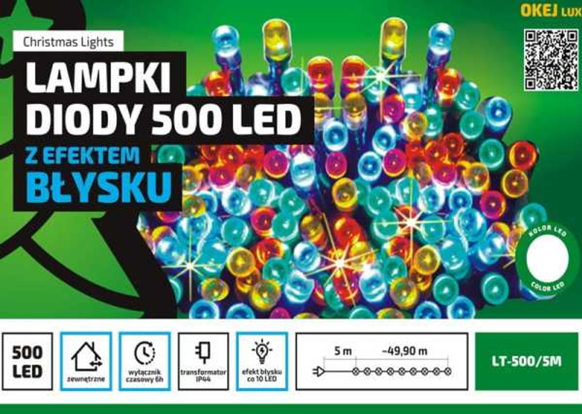 

Sznur świetlny • 50 m • 500 LED • z Błyskiem • wył. czasowy • zewnętrzne oświetlenie świąteczne NR 0445