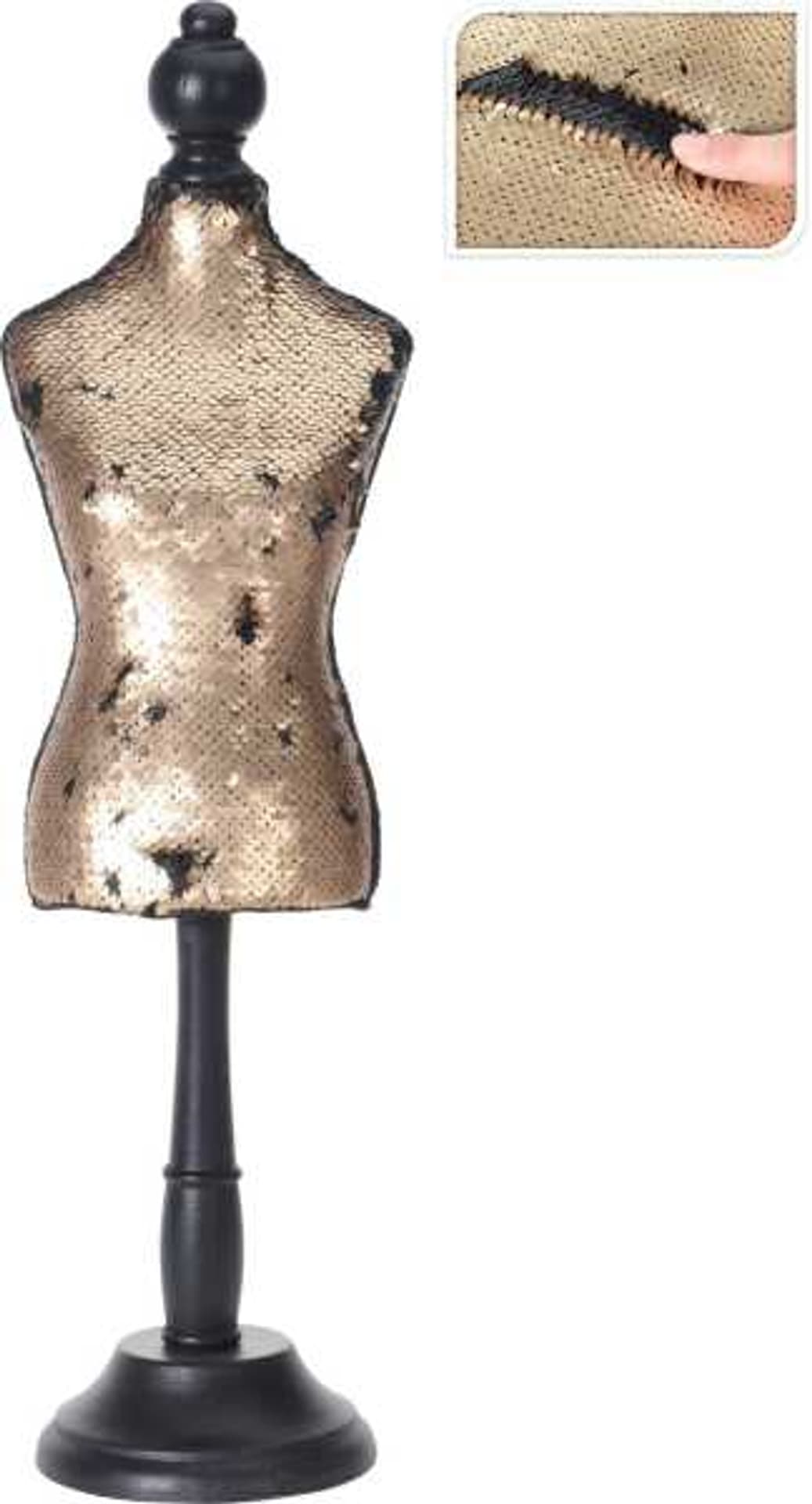 

Manekin stojak na biżuterię z cekinami zloty 46cm Glamour