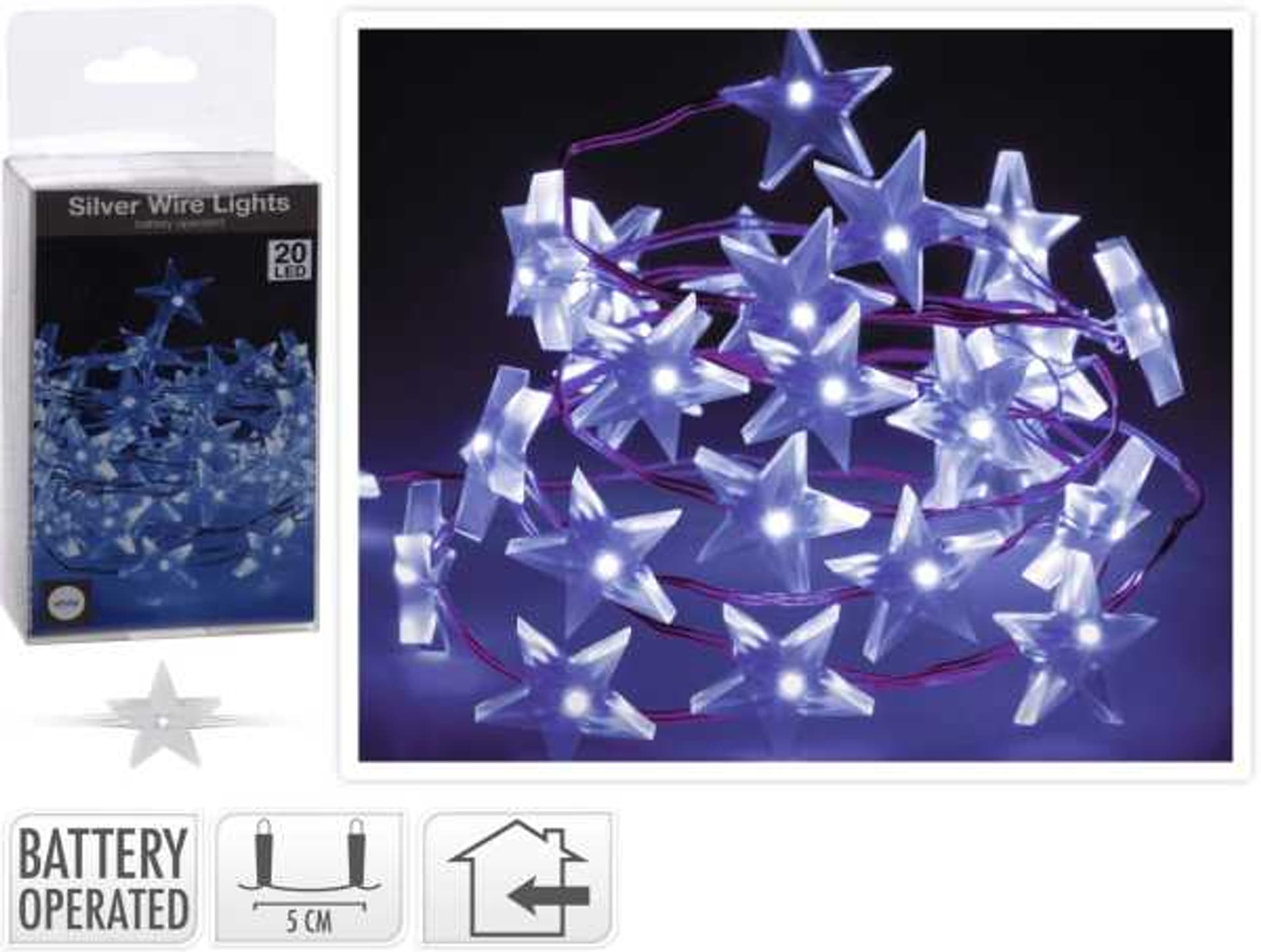 

Lampki na druciku 20 LED gwiazdki świąteczne 1m zimne białe IP20 na baterie