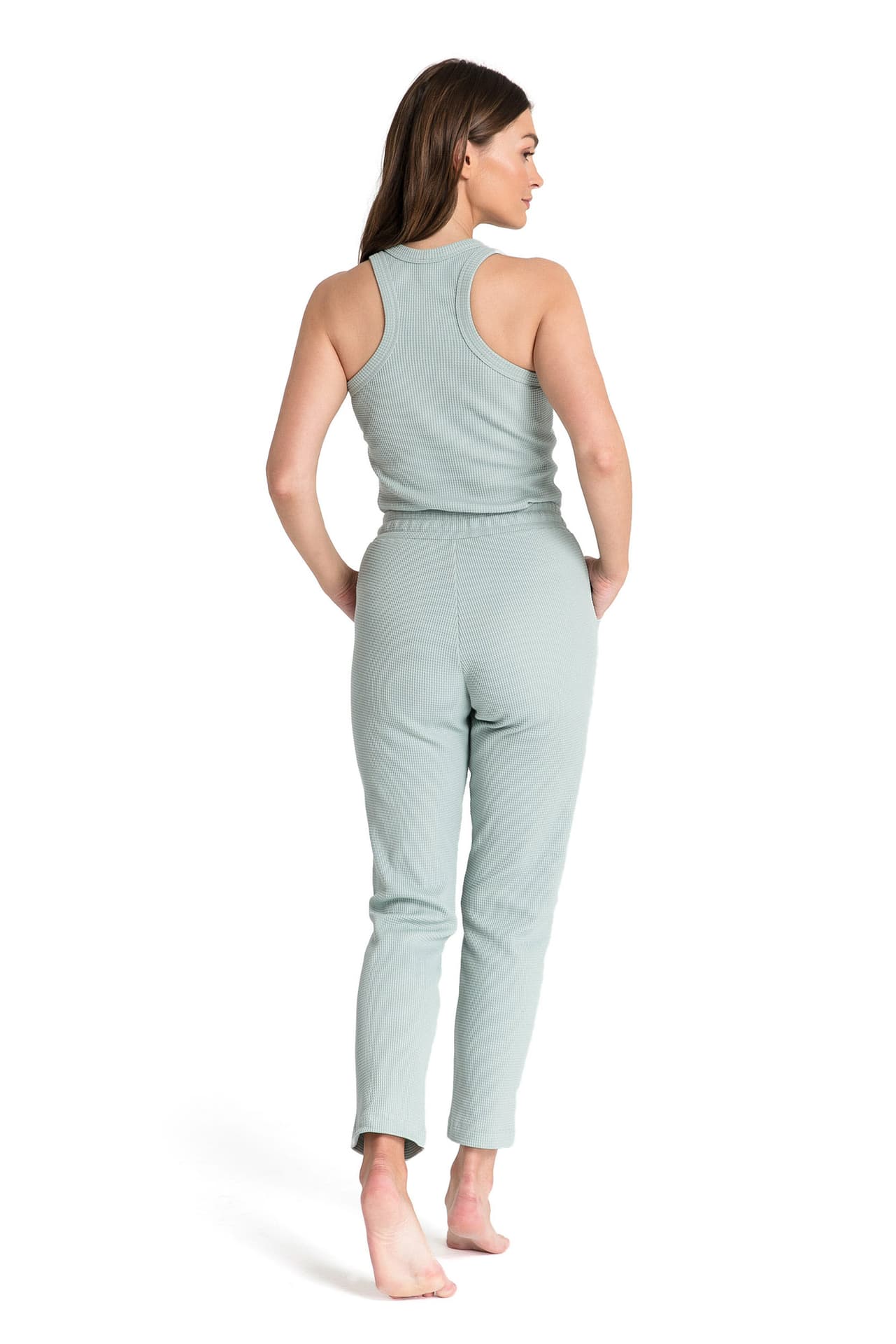 

LA075 Spodnie z dzianiny wafelek - szałwia (kolor seledyn, rozmiar XL)