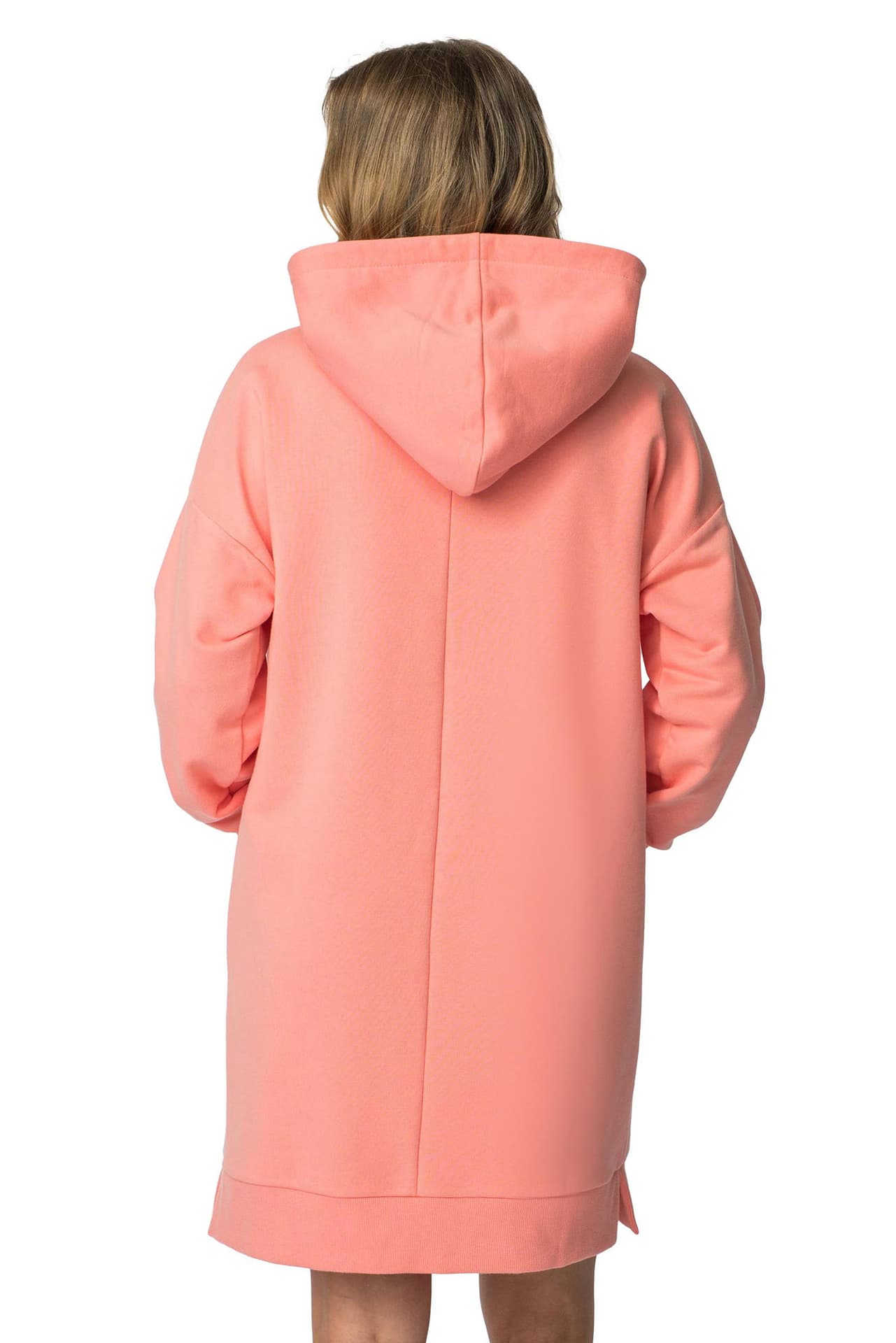

LA113 Sukienka z kapturem i kieszenią kangurek - koralowa (kolor koral, rozmiar 2XL/3XL)