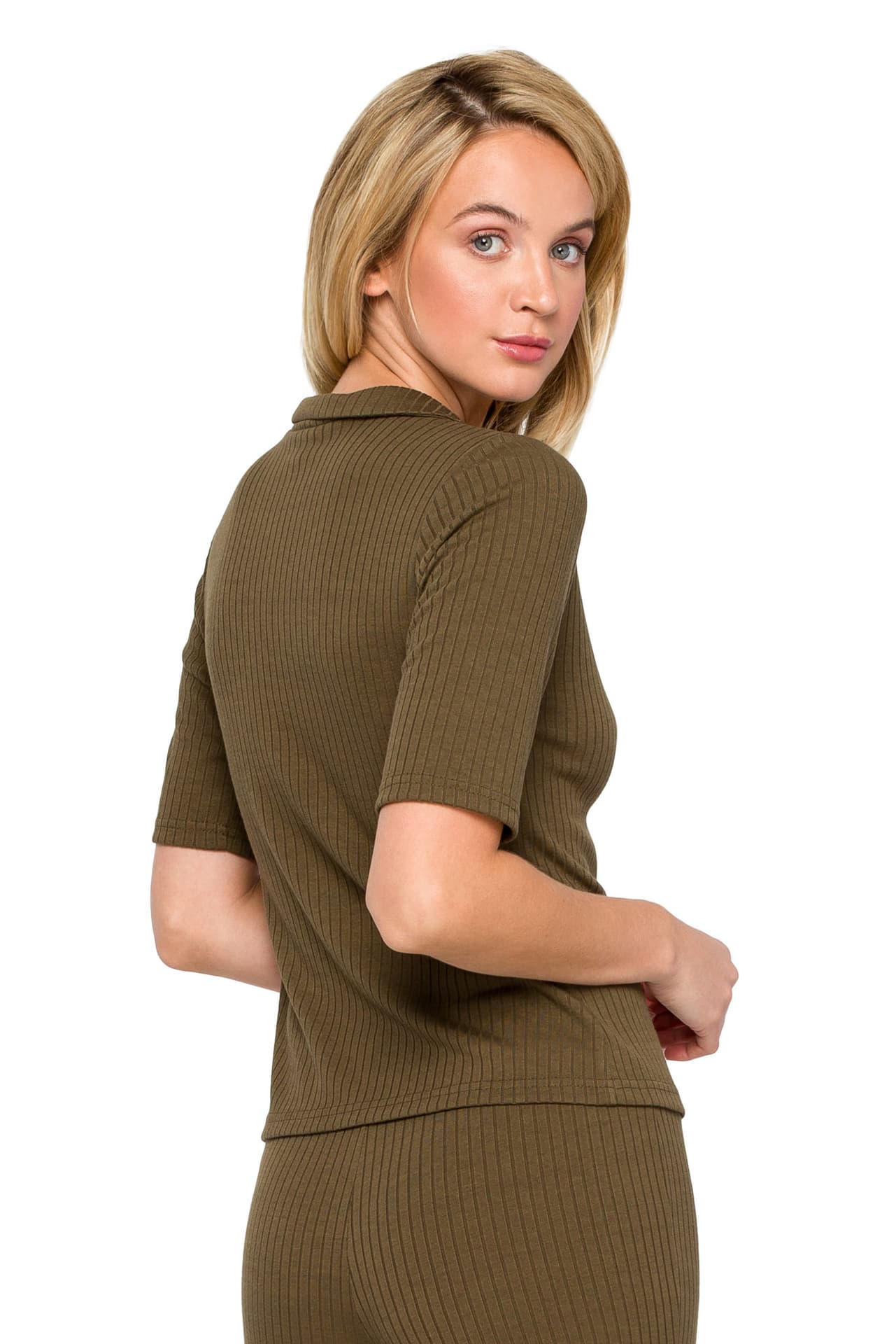 

LA116 Prążkowana bluzka z kołnierzykiem - khaki (kolor khaki, rozmiar S)