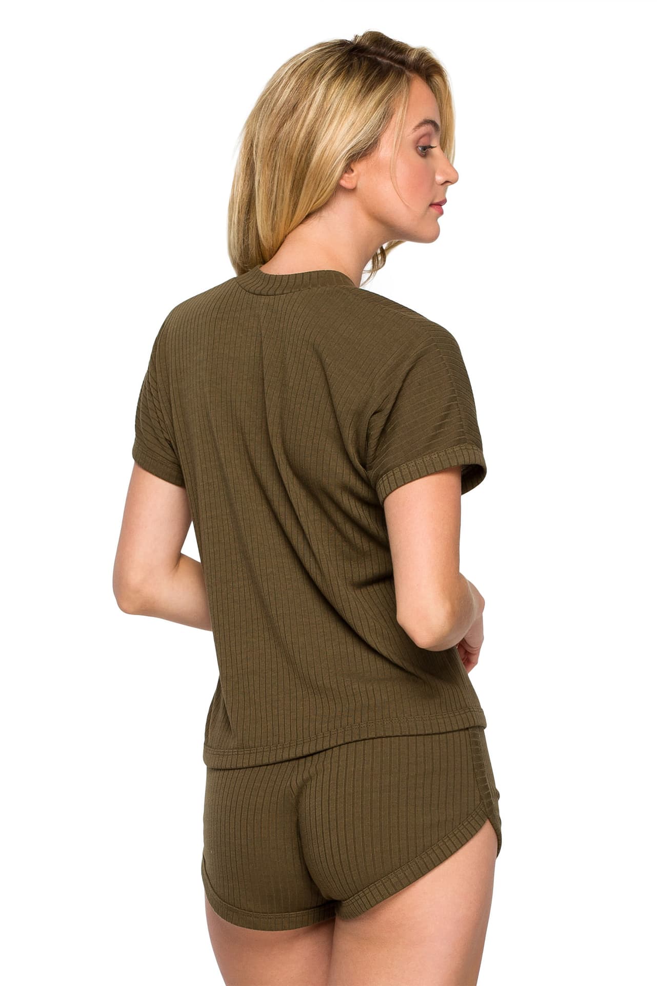

LA118 Prążkowana bluzka z dekoltem V - khaki (kolor khaki, rozmiar M)