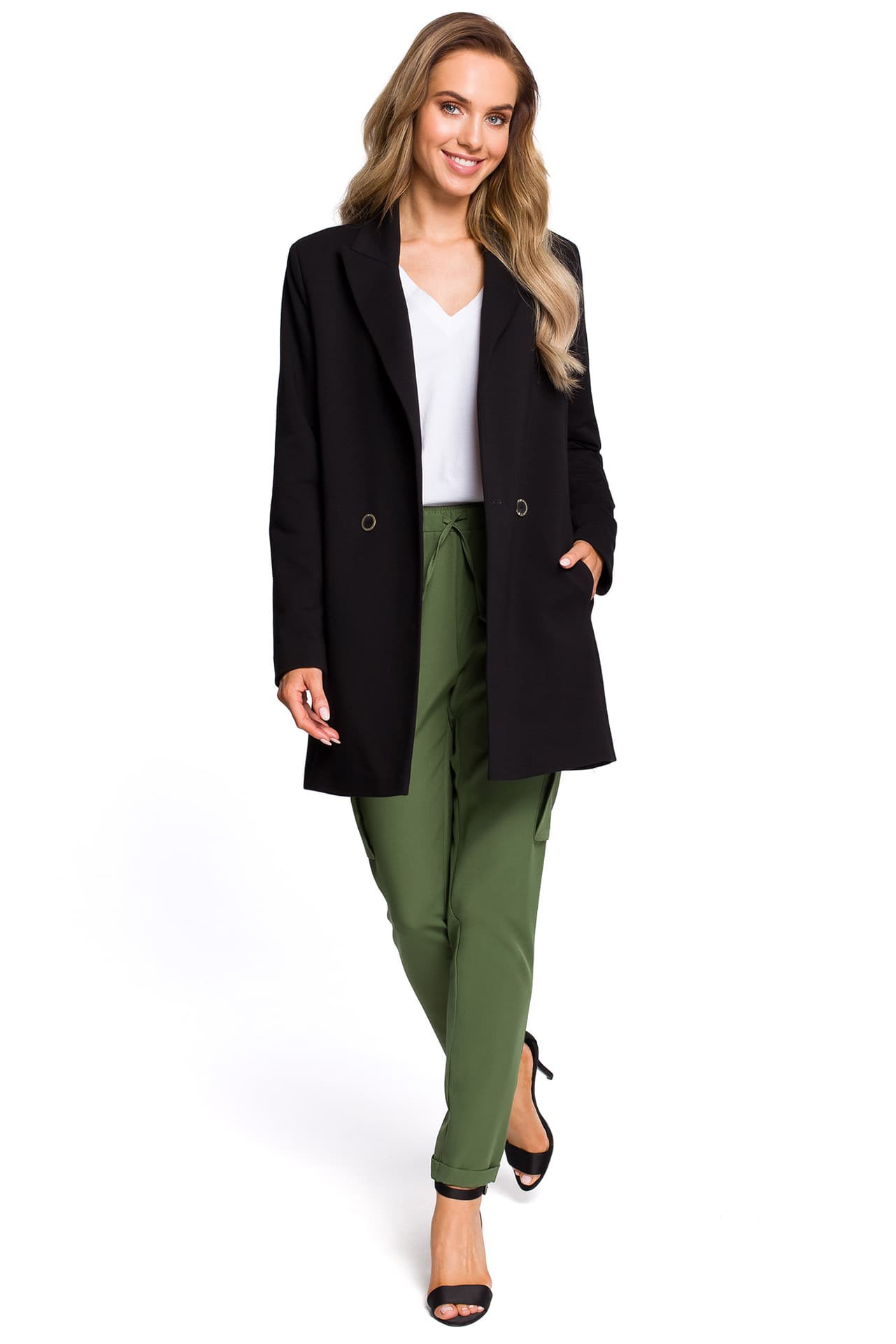 

M429 Długi żakiet dwurzędowy - czarny (kolor czarny, rozmiar S)