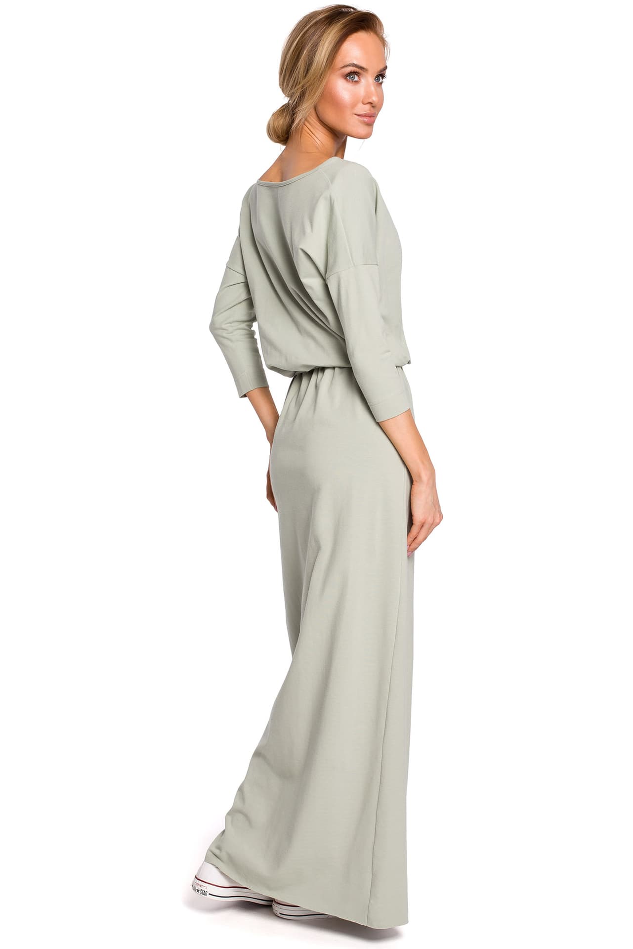

M435 Bawełniana sukienka maxi z paskiem - pistacjowa (kolor pistacja, rozmiar L/XL)