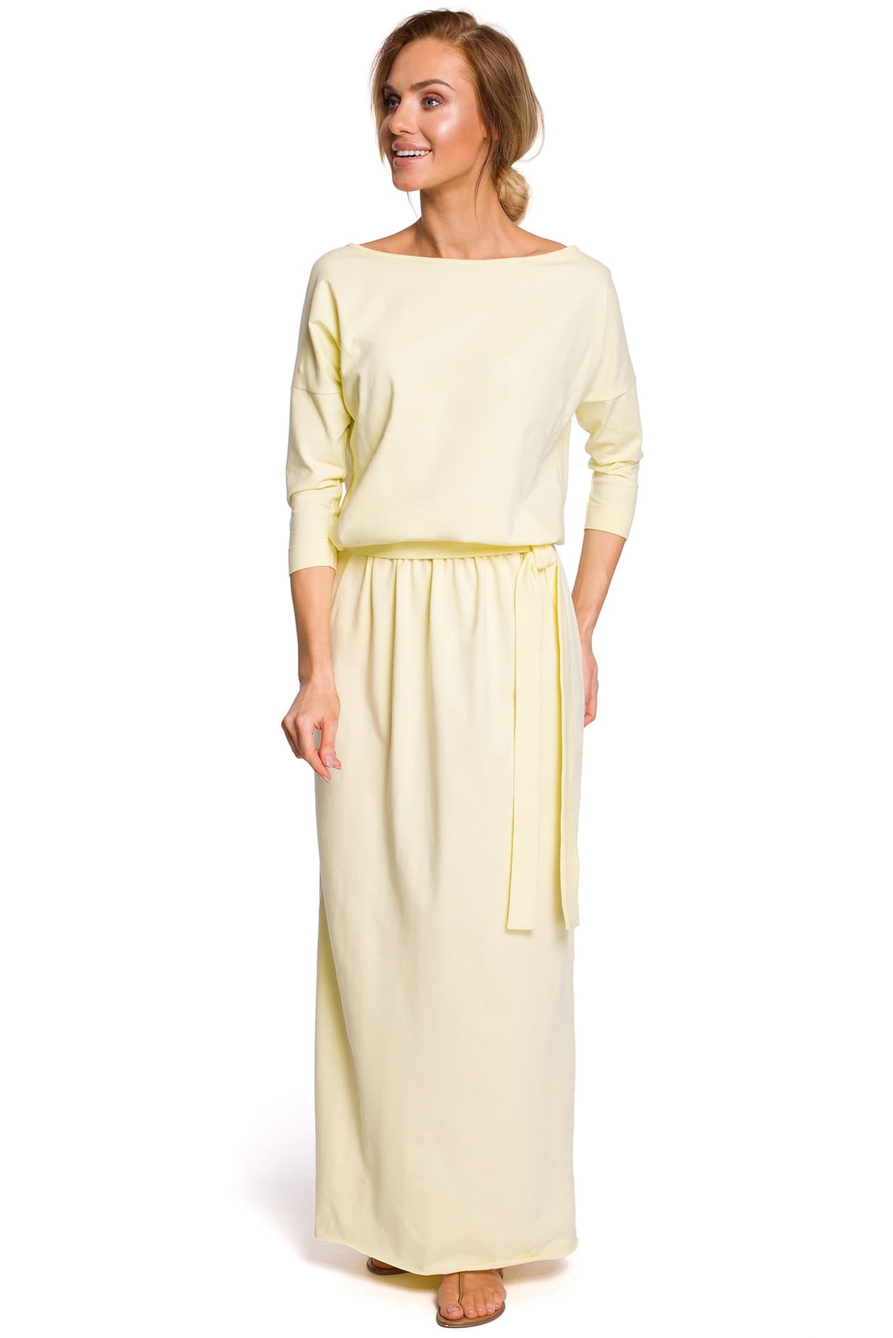 

M435 Bawełniana sukienka maxi z paskiem - żółta (kolor żółty, rozmiar 2XL/3XL)