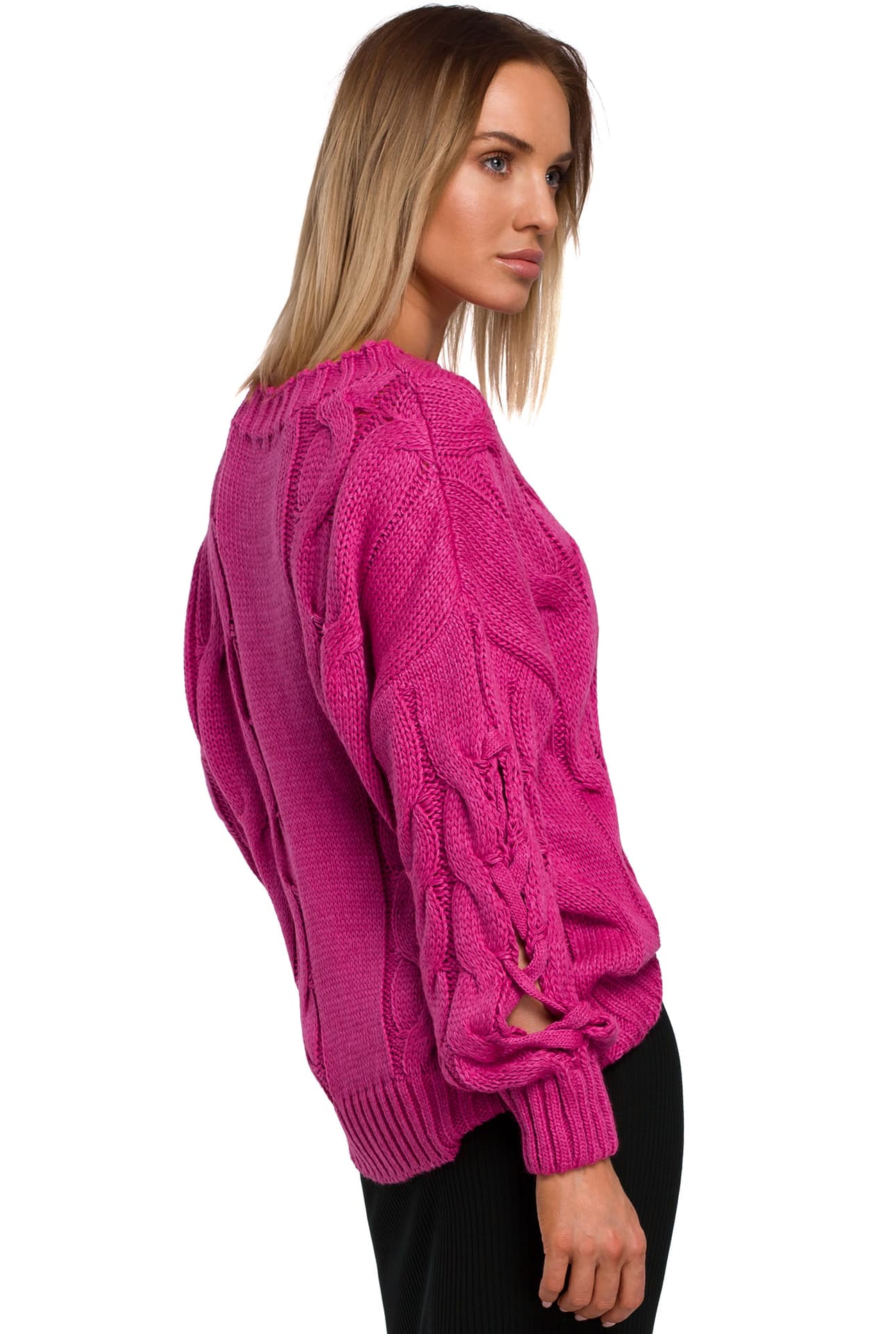 

M539 Sweter z dziurami na rękawach - fuksja (kolor fuksja, rozmiar L/XL)