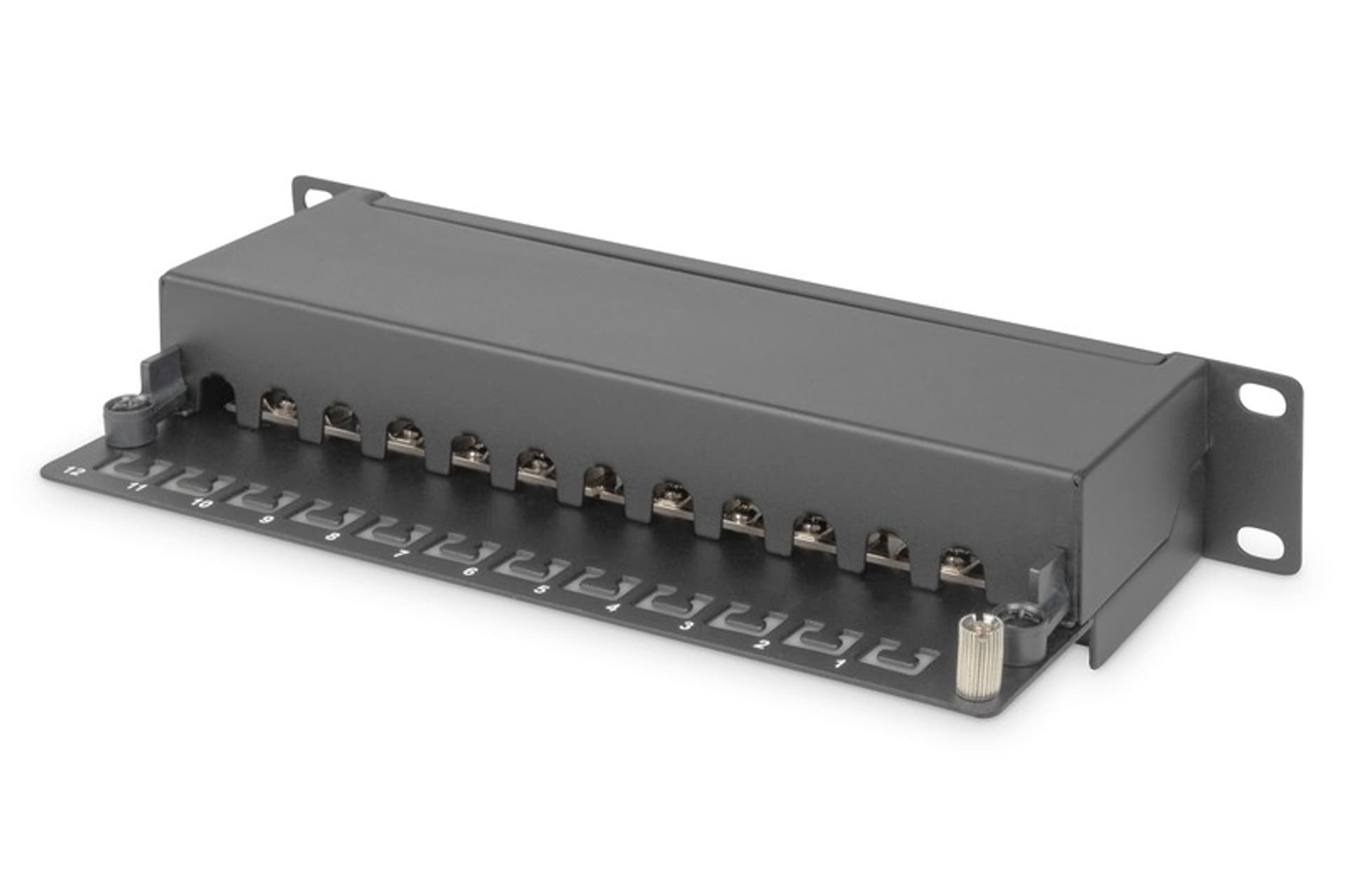 

Patch panel 10" 12 portów, kat.6, S/FTP, 1U, wspornik kablowy, czarny (kompletny)