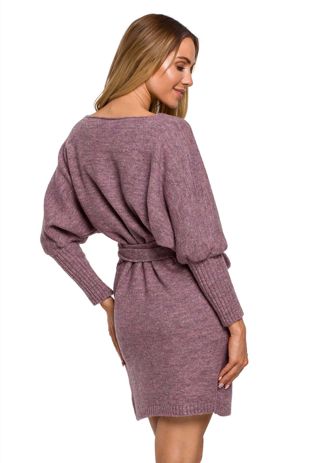 

M631 Sukienka swetrowa kopertowa z wiązaniem - wrzosowa (kolor wrzos, rozmiar L/XL)