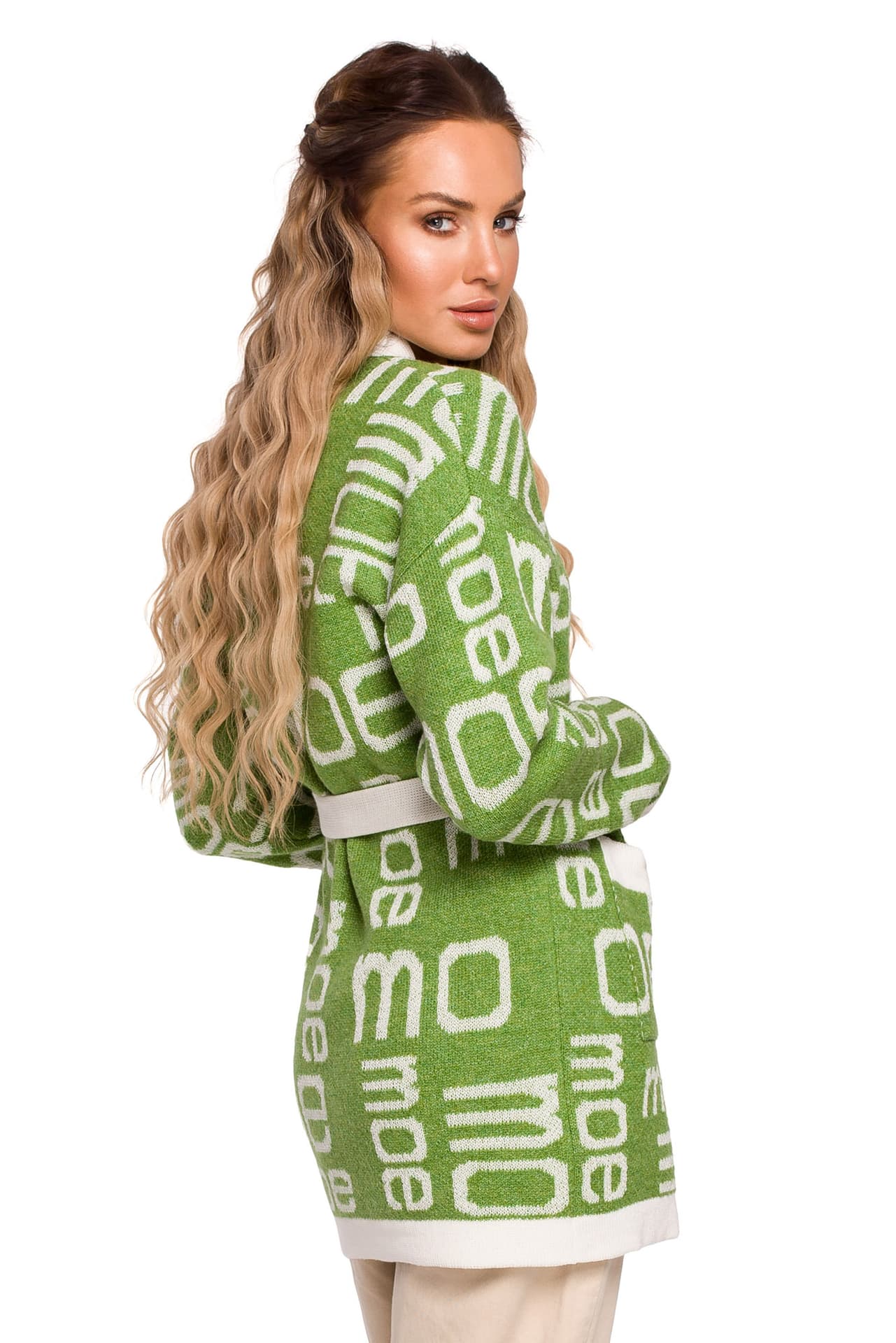 

M683 Kardigan z napisami MOE - ostra zieleń (kolor zielony, rozmiar L/XL)