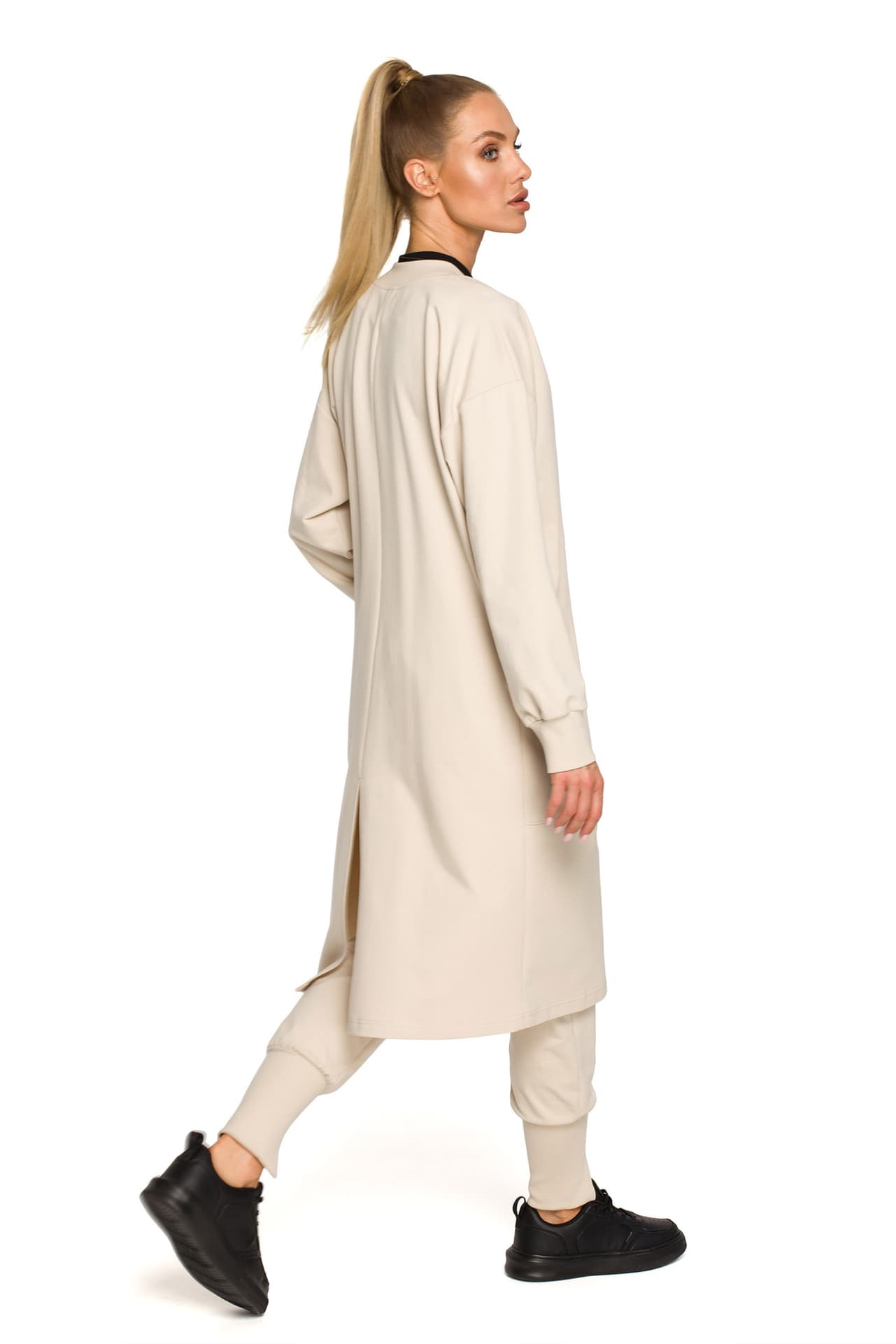 

M694 Długa bluza na zamek z rozcięciem - piaskowa (kolor piaskowy, rozmiar XL)