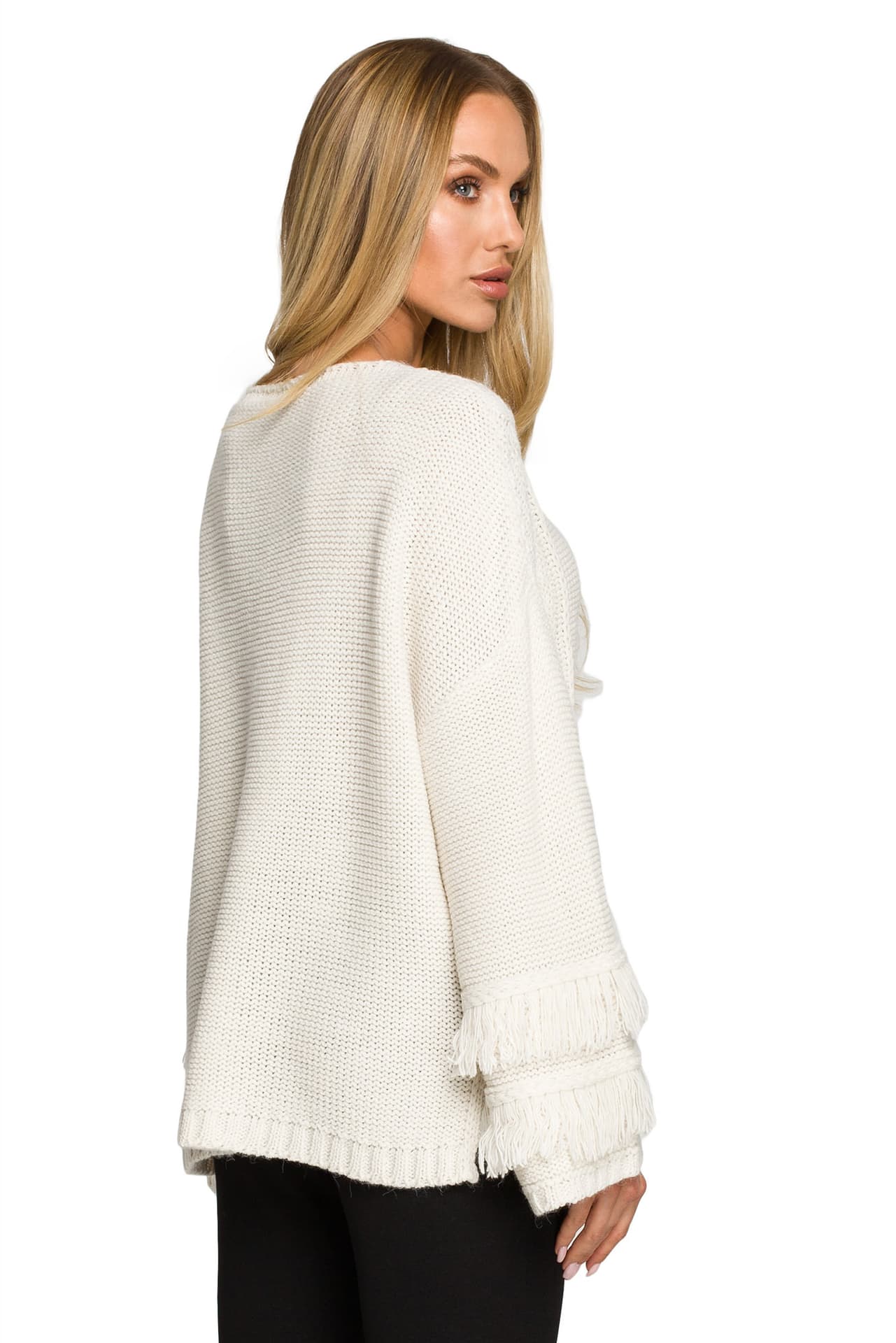 

M710 Sweter z szerokimi rękawami z frędzlami - kość słoniowa (kolor ecru, rozmiar S/M)