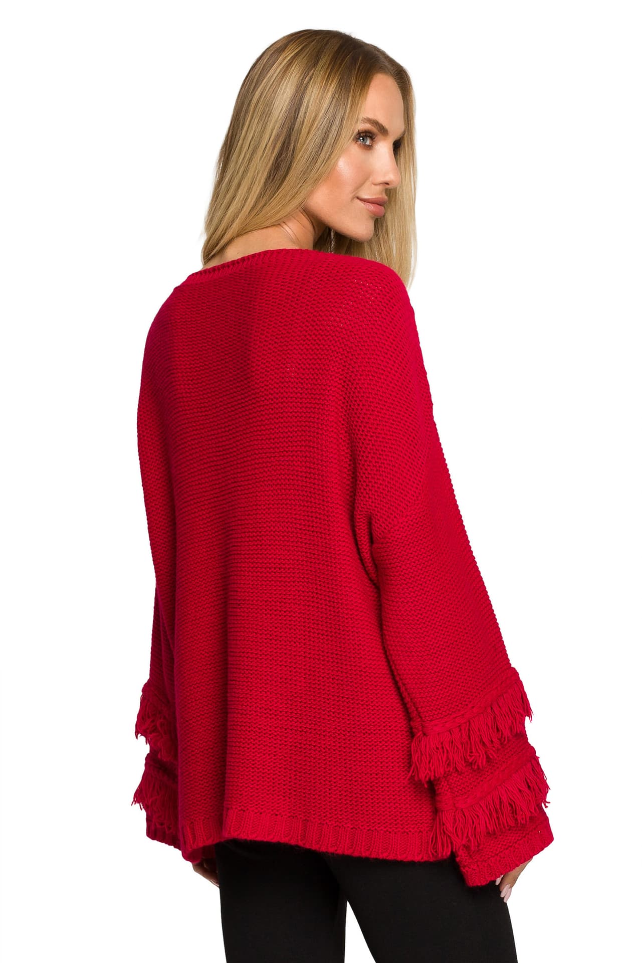 

M710 Sweter z szerokimi rękawami z frędzlami - malinowy (kolor malina, rozmiar L/XL)