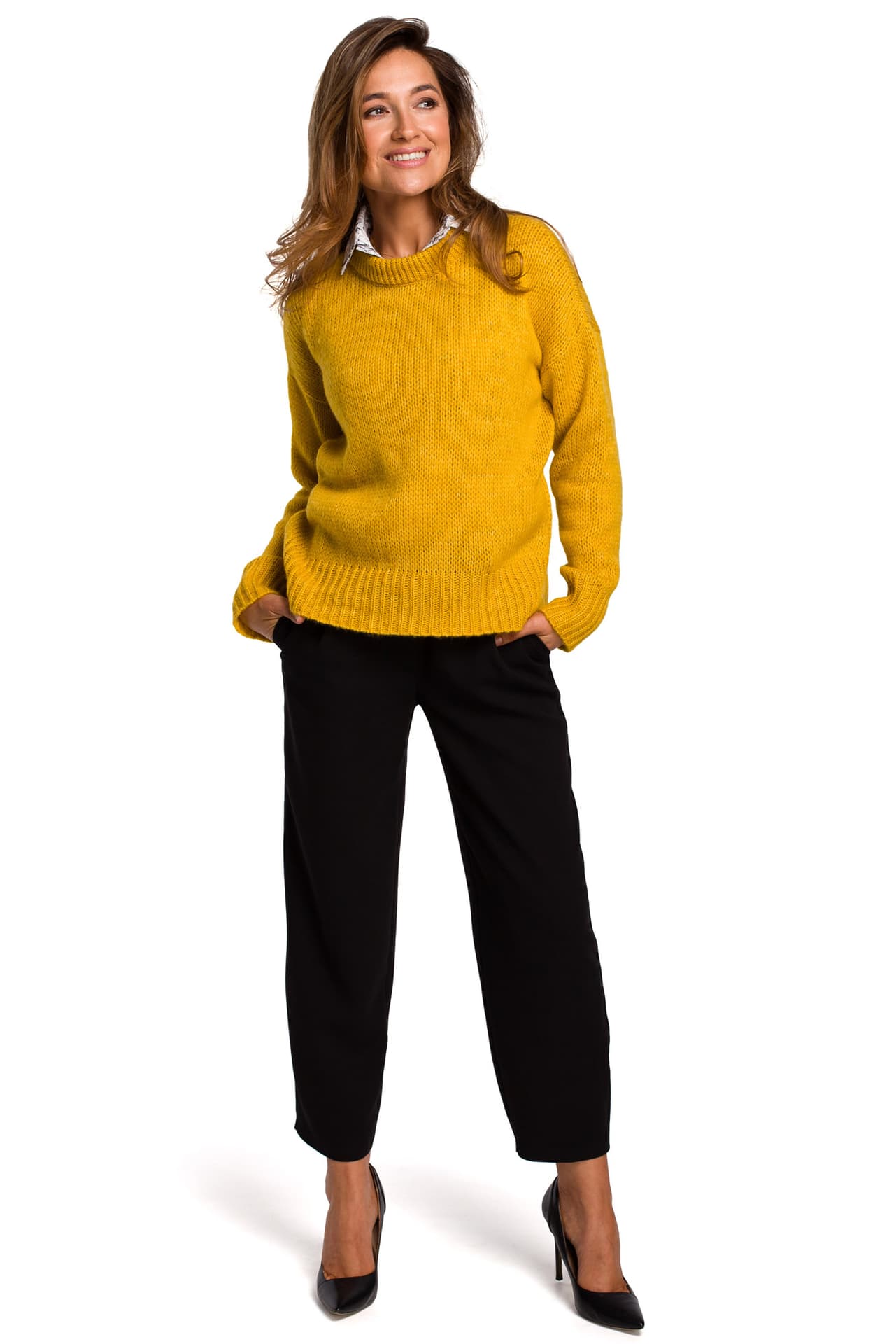 

S185 Sweter o luźnym splocie - miodowy (kolor miodowy, rozmiar S/M)