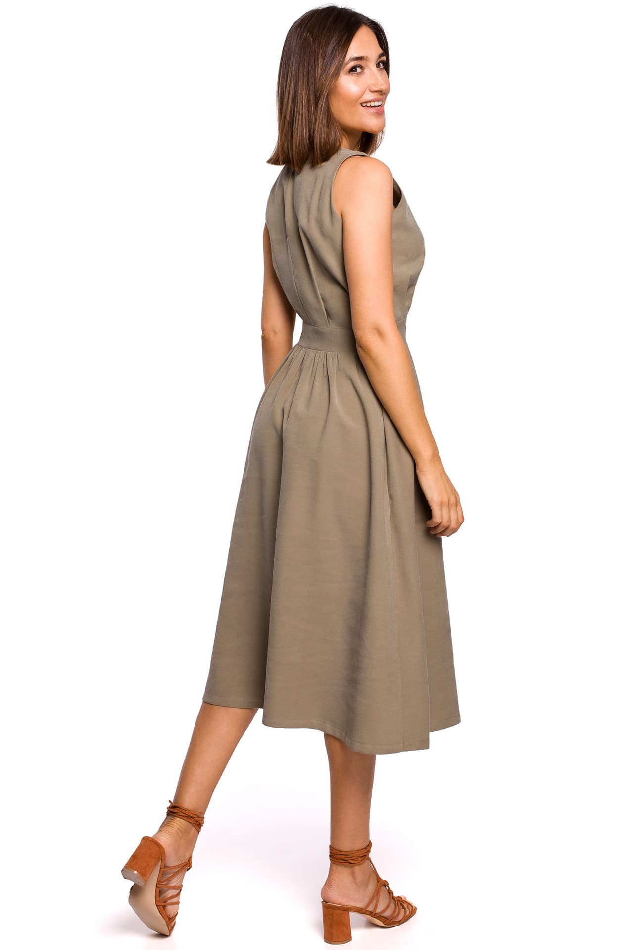 

S224 Sukienka bez rękawów z rozkloszowanym dołem - khaki (kolor khaki, rozmiar XXL)
