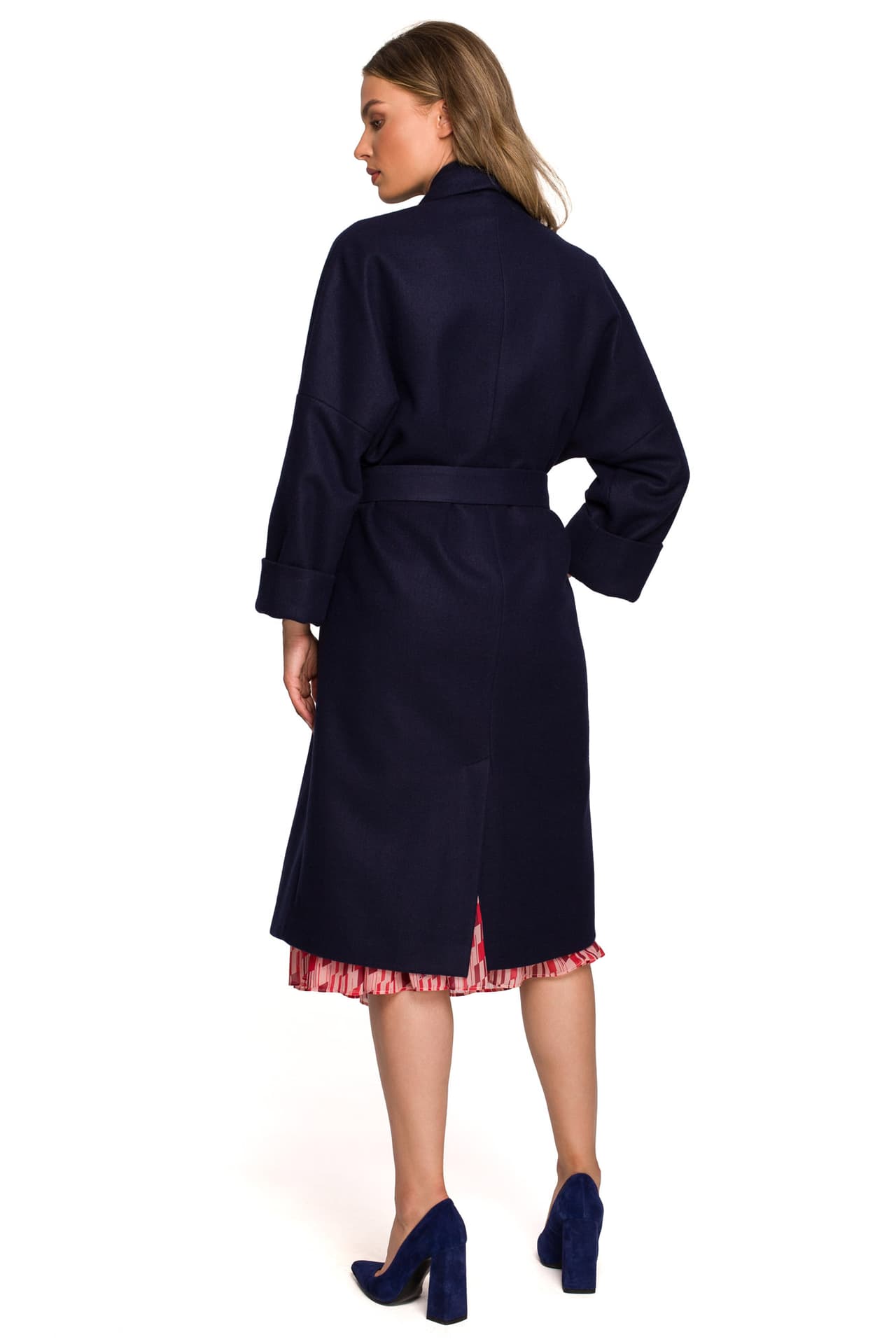 

S329 Flauszowy płaszcz z paskiem - granatowy (kolor granat, rozmiar L/XL)