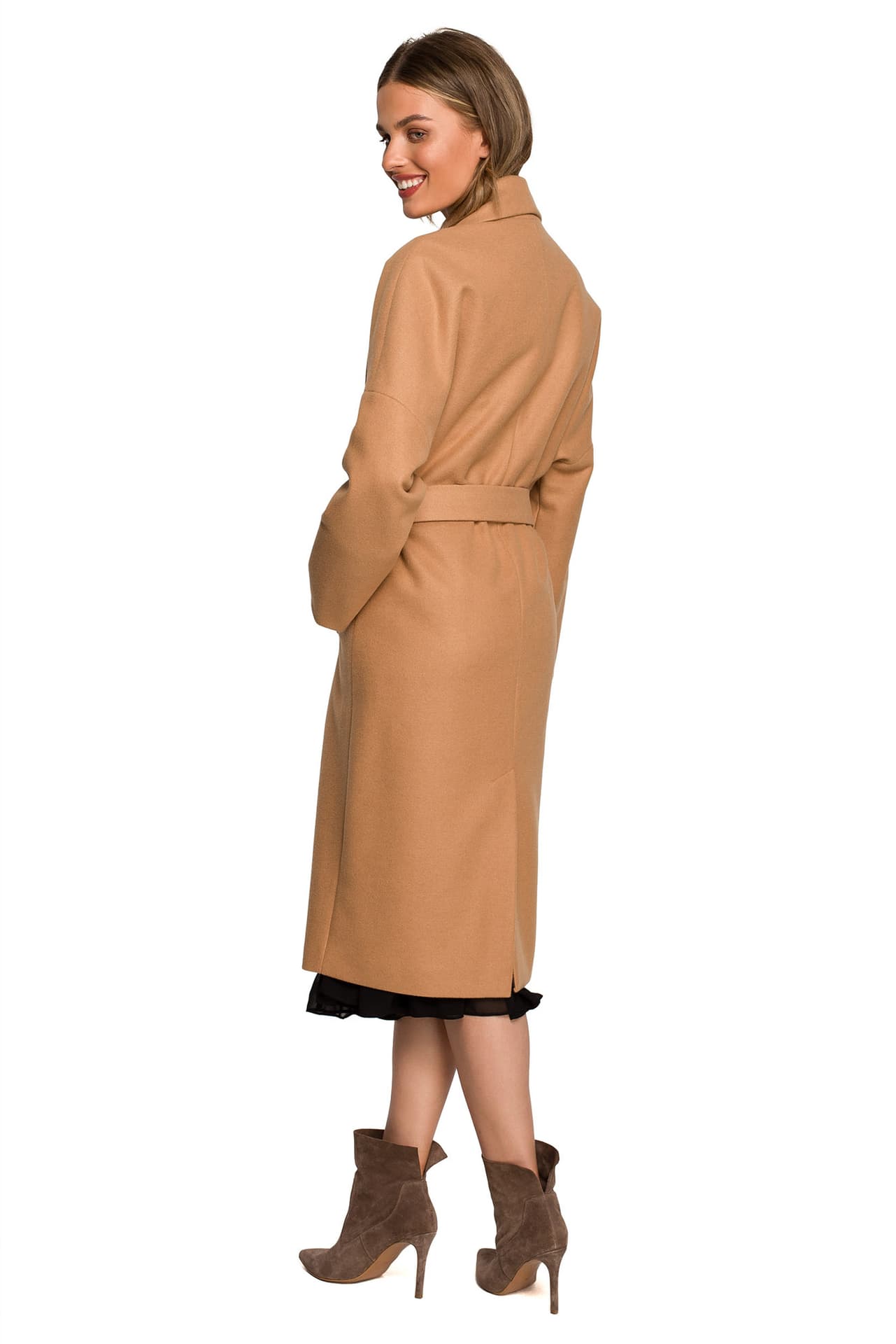 

S329 Flauszowy płaszcz z paskiem - kamelowy (kolor beżowy, rozmiar L/XL)