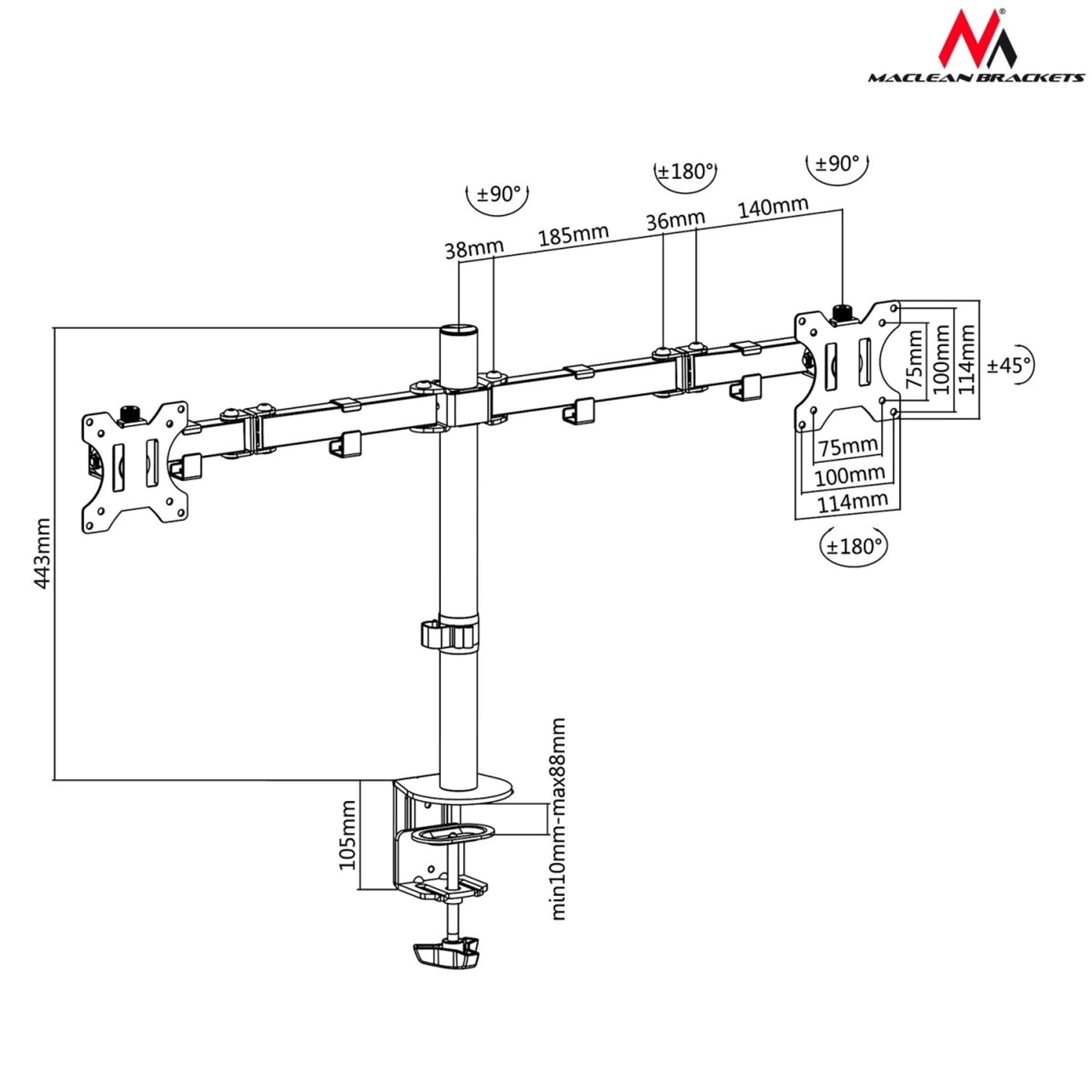 

Uchwyt biurkowy do 2 monitorów Maclean MC-754 (13" - 32"; max. 8kg)