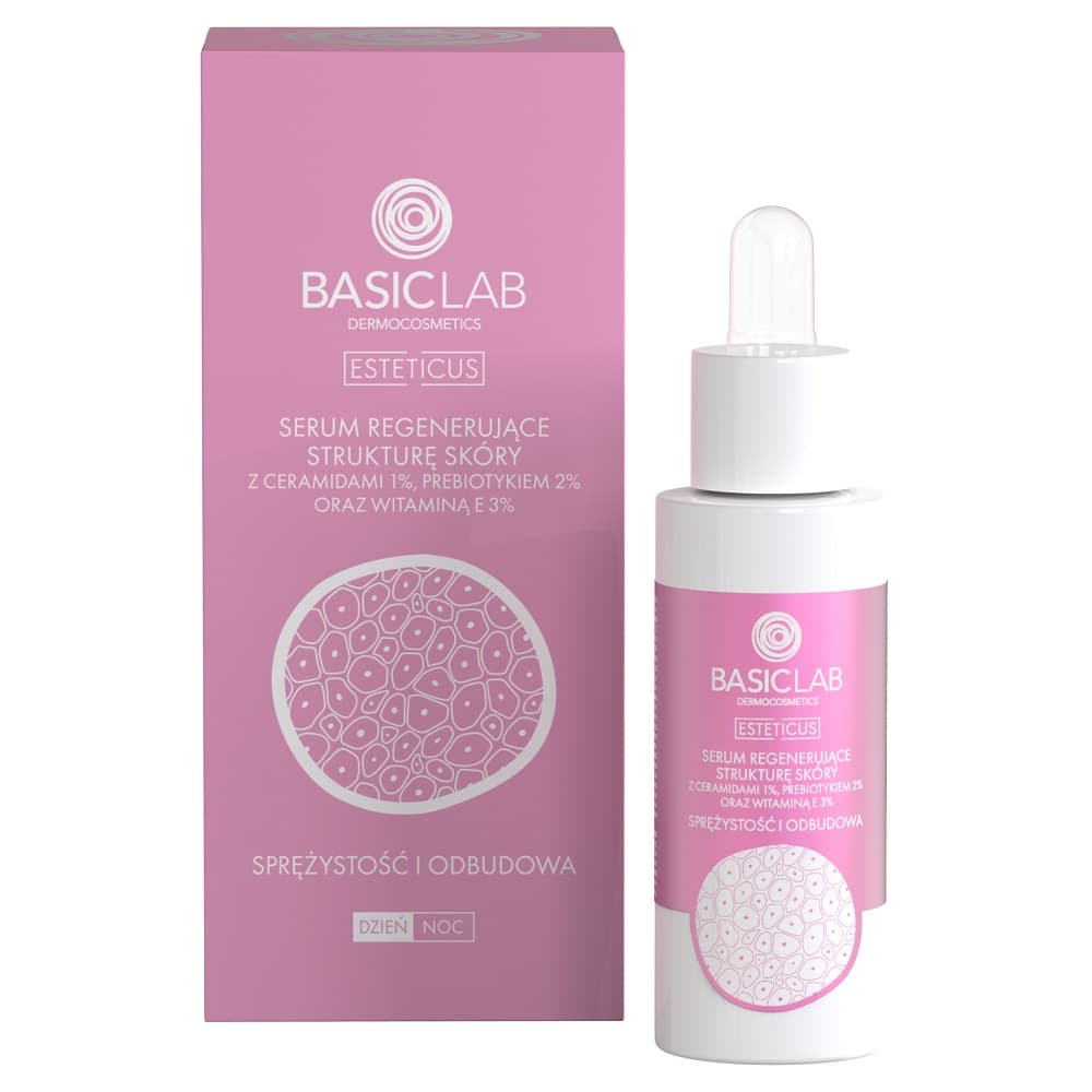 

BASICLAB Esteticus Serum Sprężystość i Odbudowa serum regenerujące strukturę skóry z ceramidami 1%, prebiotykiem 2% i witaminą E 3% 30ml