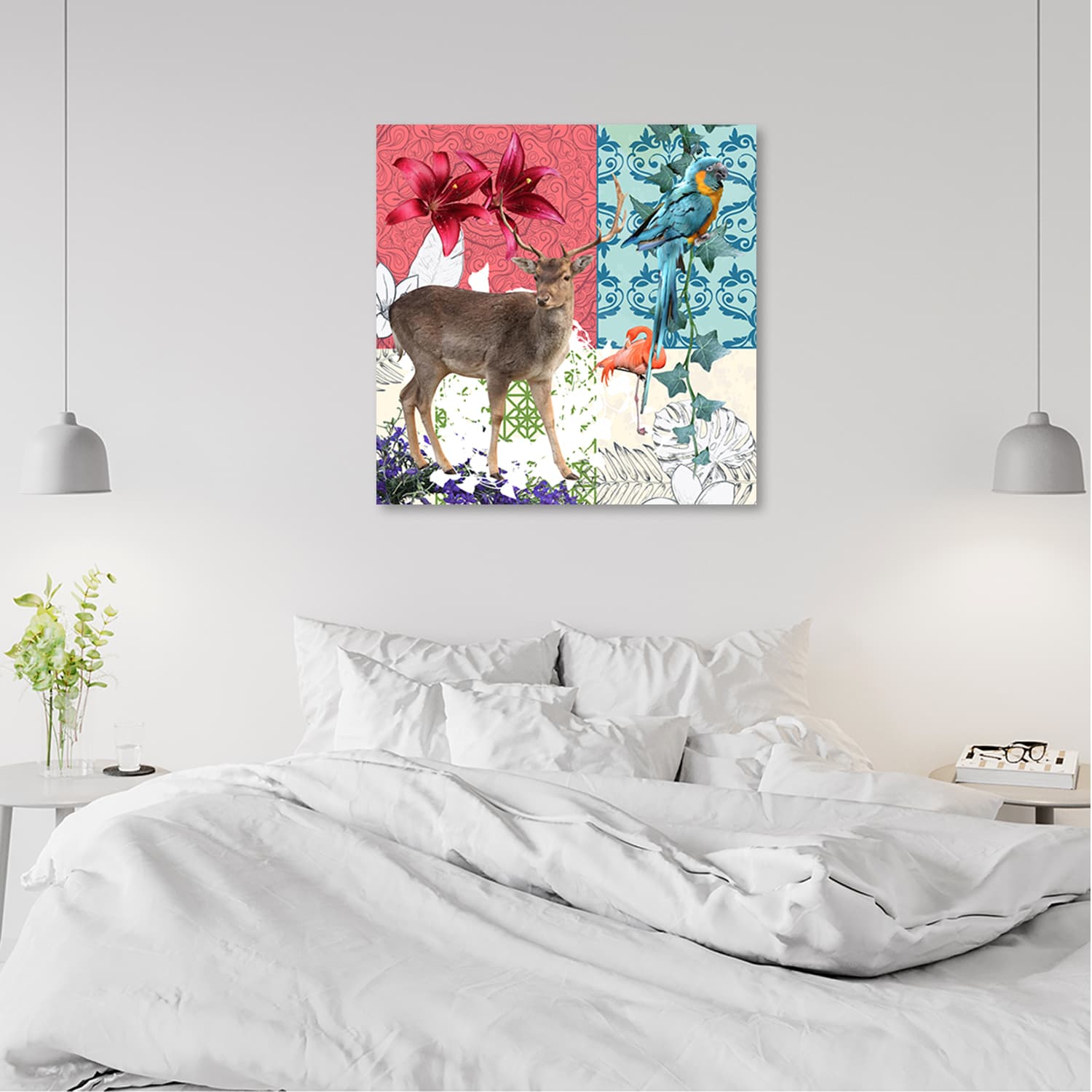 

Obraz Deco Panel, Jeleń Papuga Flaming kolaż (Rozmiar 40x40)