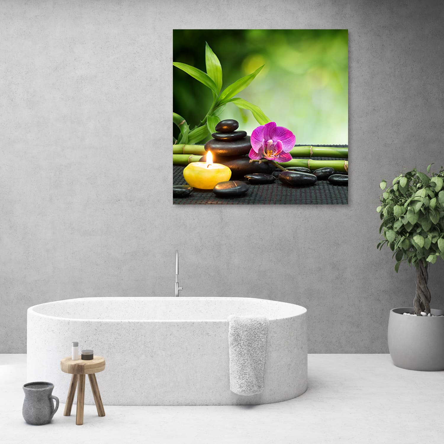 

Obraz na płótnie, Kompozycja zen ze świecą i kwiatami (Rozmiar 30x30)