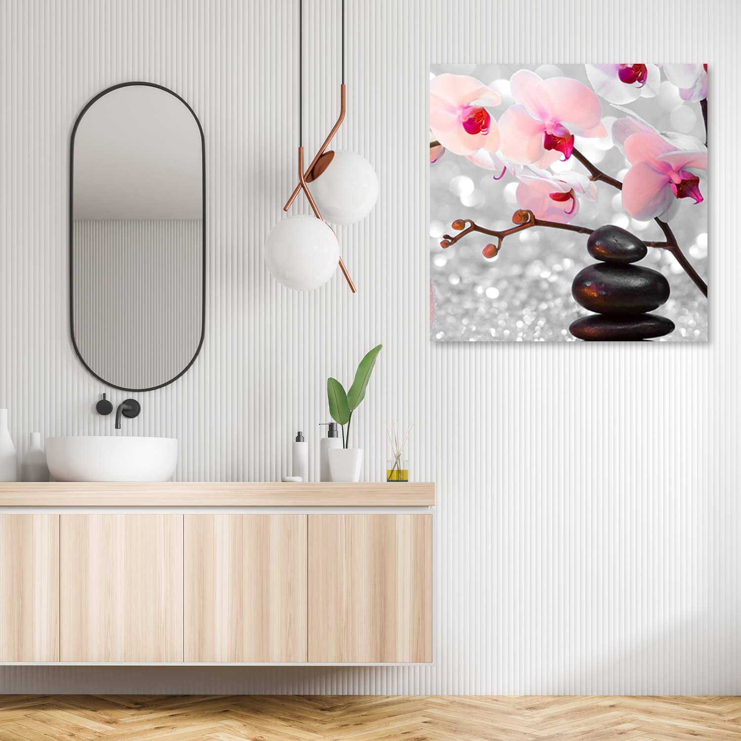 

Obraz na płótnie, Kamienie zen i gałązka storczyka (Rozmiar 50x50)