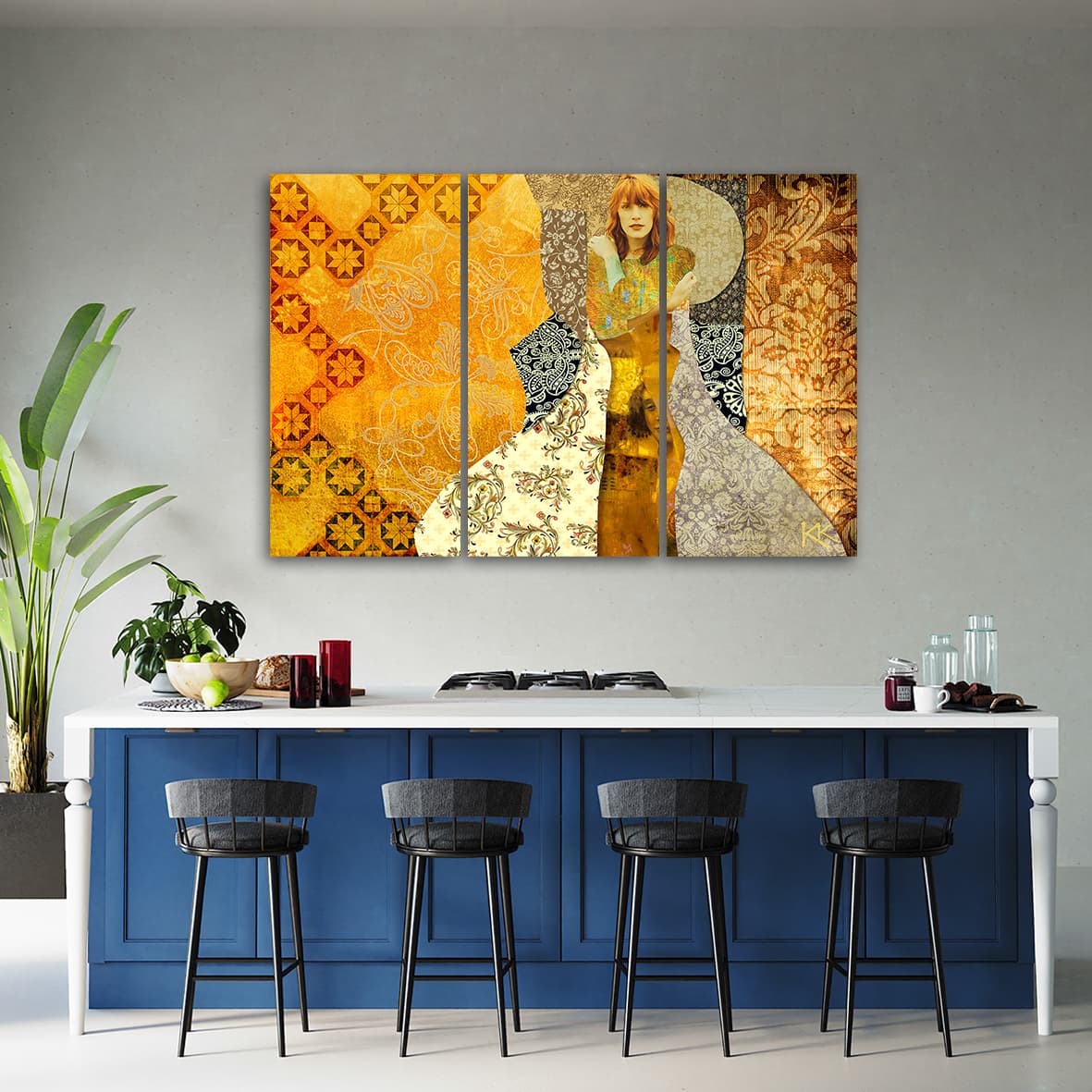 

Obraz trzyczęściowy na płótnie, Kobieta na ozdobnym tle (Rozmiar 90x60)
