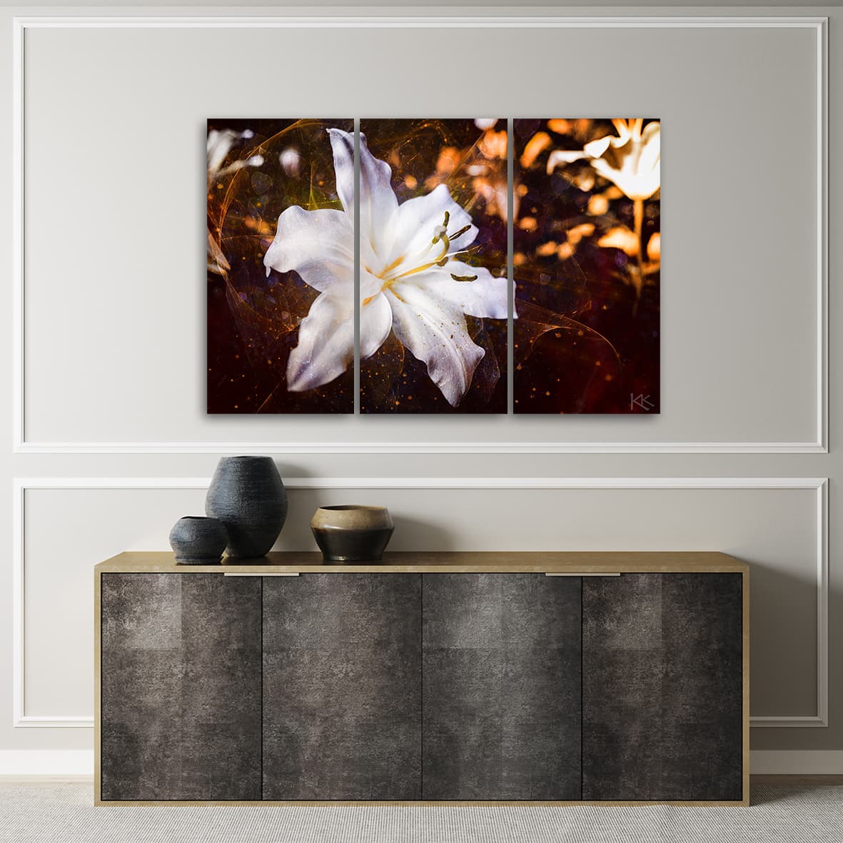 

Obraz trzyczęściowy Deco Panel, Biała lilia na brązowym tle (Rozmiar 90x60)