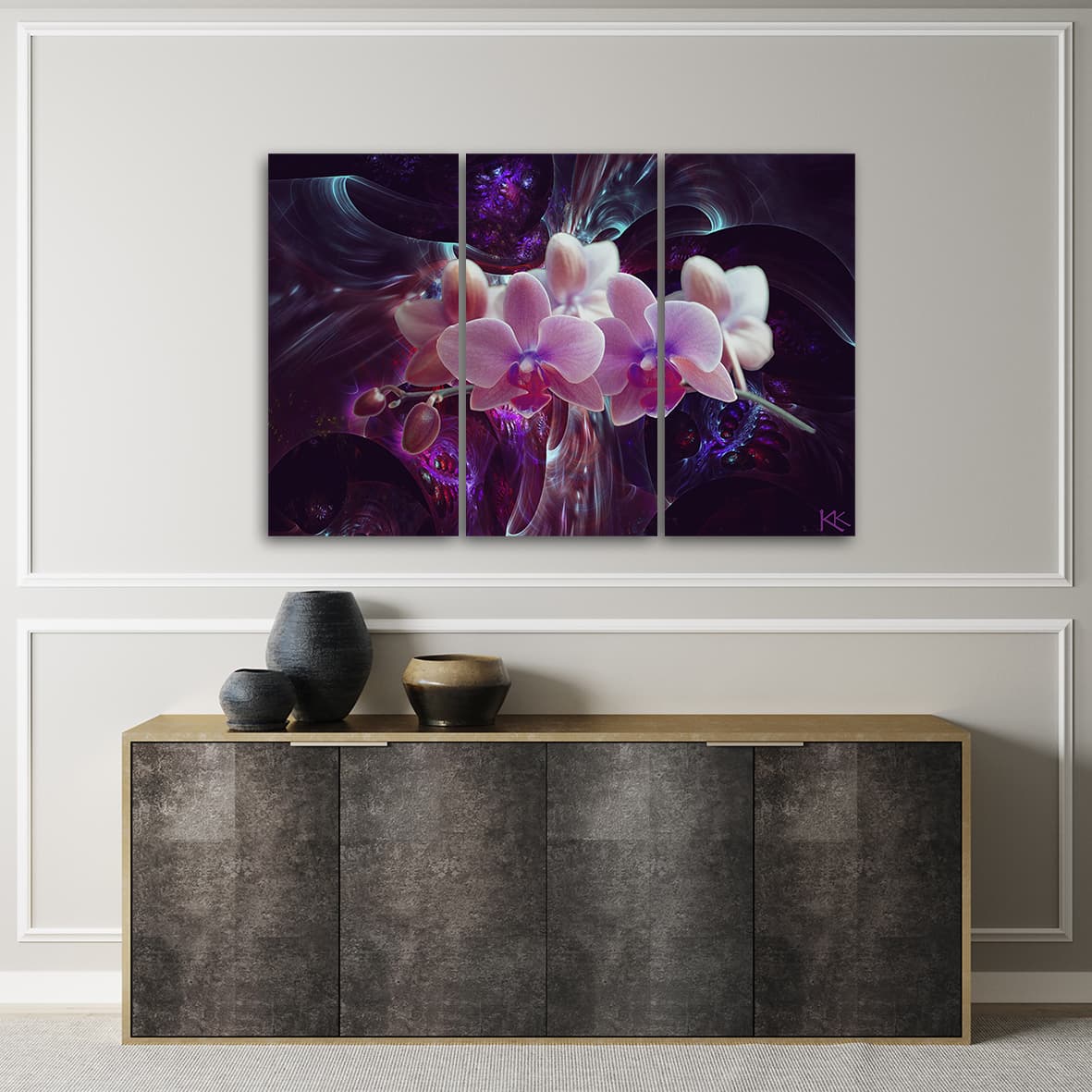 

Obraz trzyczęściowy na płótnie, Biała orchidea na ciemnym tle (Rozmiar 150x100)