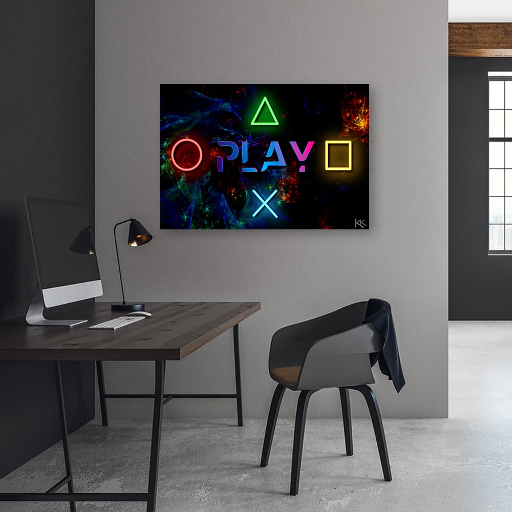 

Obraz Deco Panel, Napis play i przyciski do kontrolera (Rozmiar 100x70)