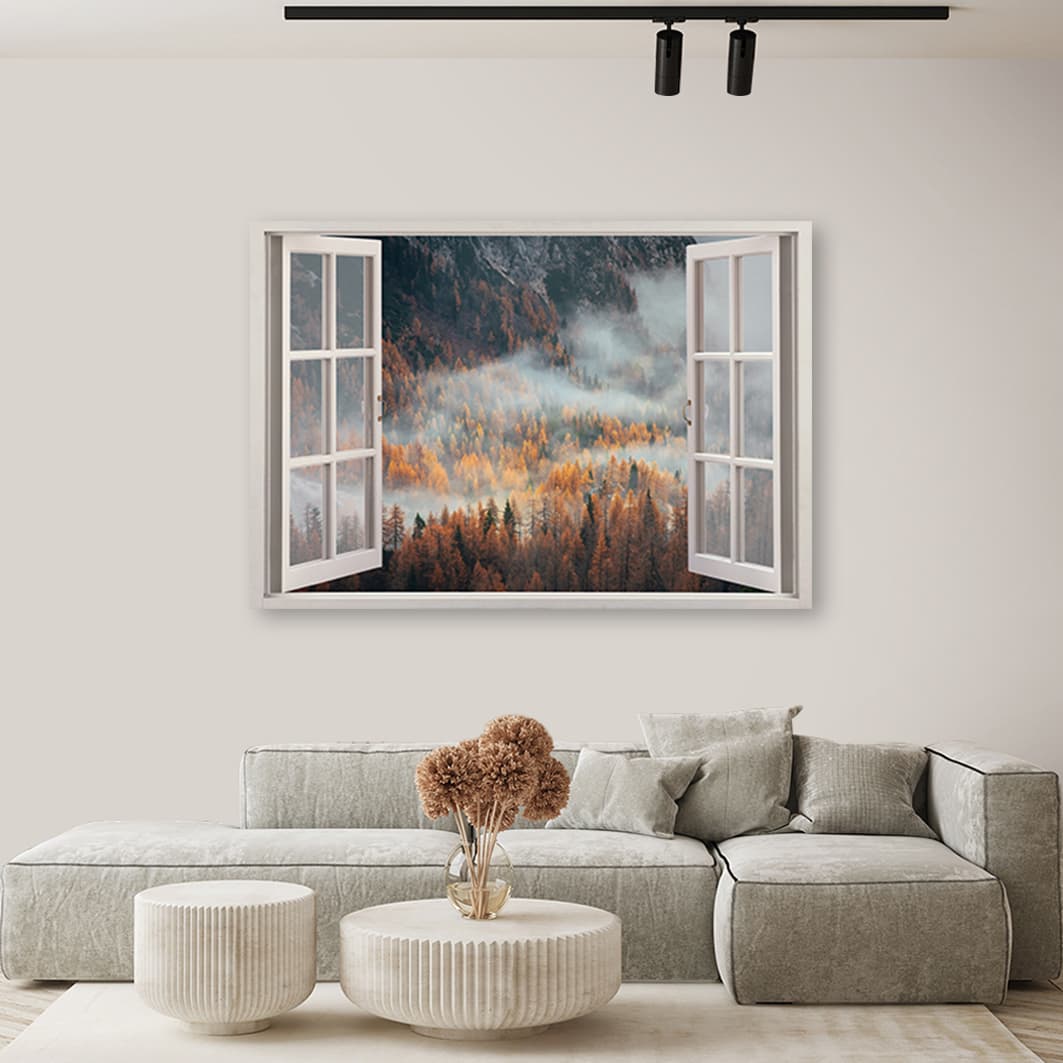 

Obraz Deco Panel, Okno jesienna mgła w górach (Rozmiar 100x70)
