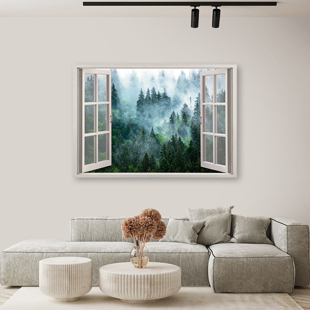 

Obraz Deco Panel, Okno Zielony las we mgle natura (Rozmiar 100x70)