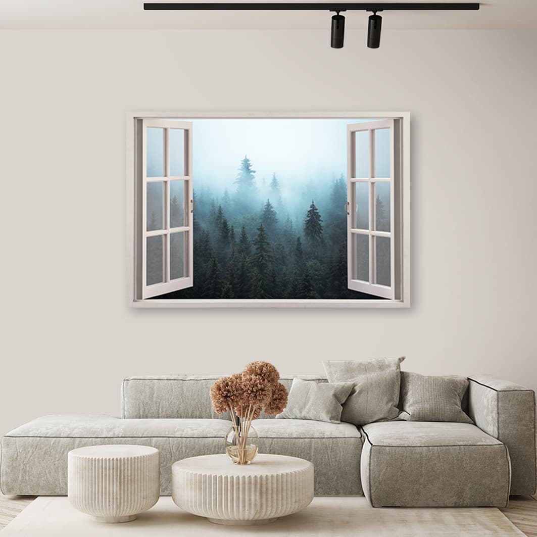 

Obraz na płótnie, Okno widok Las we mgle natura (Rozmiar 120x80)