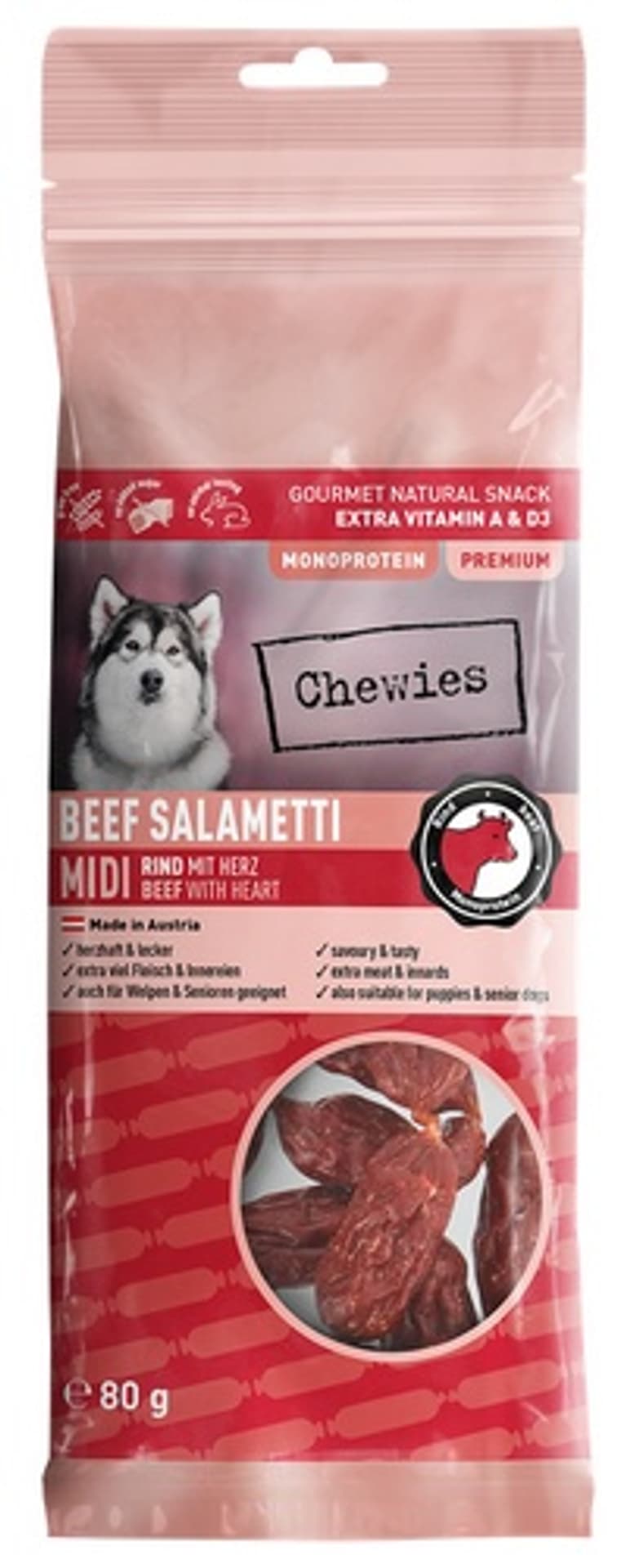 

Chewies Beef Salametti Midi wołowina z sercami 80g