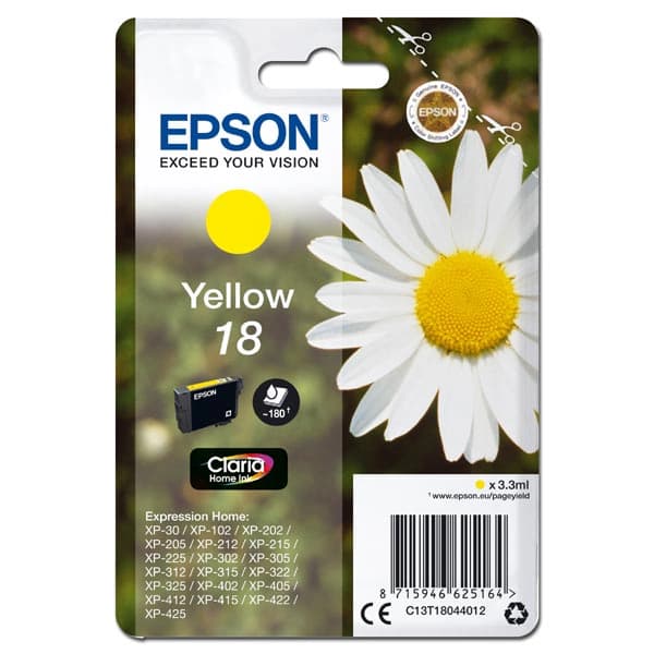 

Epson oryginalny ink / tusz C13T18044012, T180440, yellow, 3,3ml, Epson Expression Home XP-102, XP-402, XP-405, XP-302