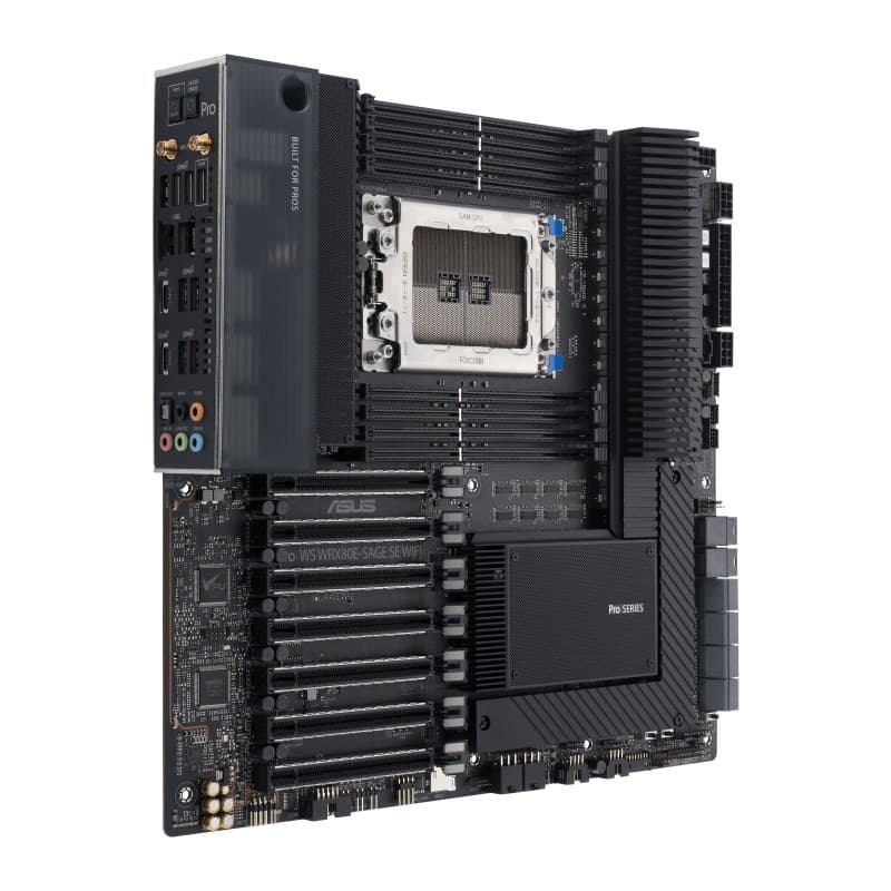 

ASUS PRO WS WRX80E-SAGE SE WIFI AMD WRX80 Threadripper PRO, Intel I211-AT 2x2.5 Gb LAN, USB 3.2 Gen 2x2 Type-C port, 7 x PCIe 4.0 x16 slots, 3 x M.2 PCIe 4.0, ASMB9-iKVM, 2 x U.2 and 16 power stages, E-ATX workstation