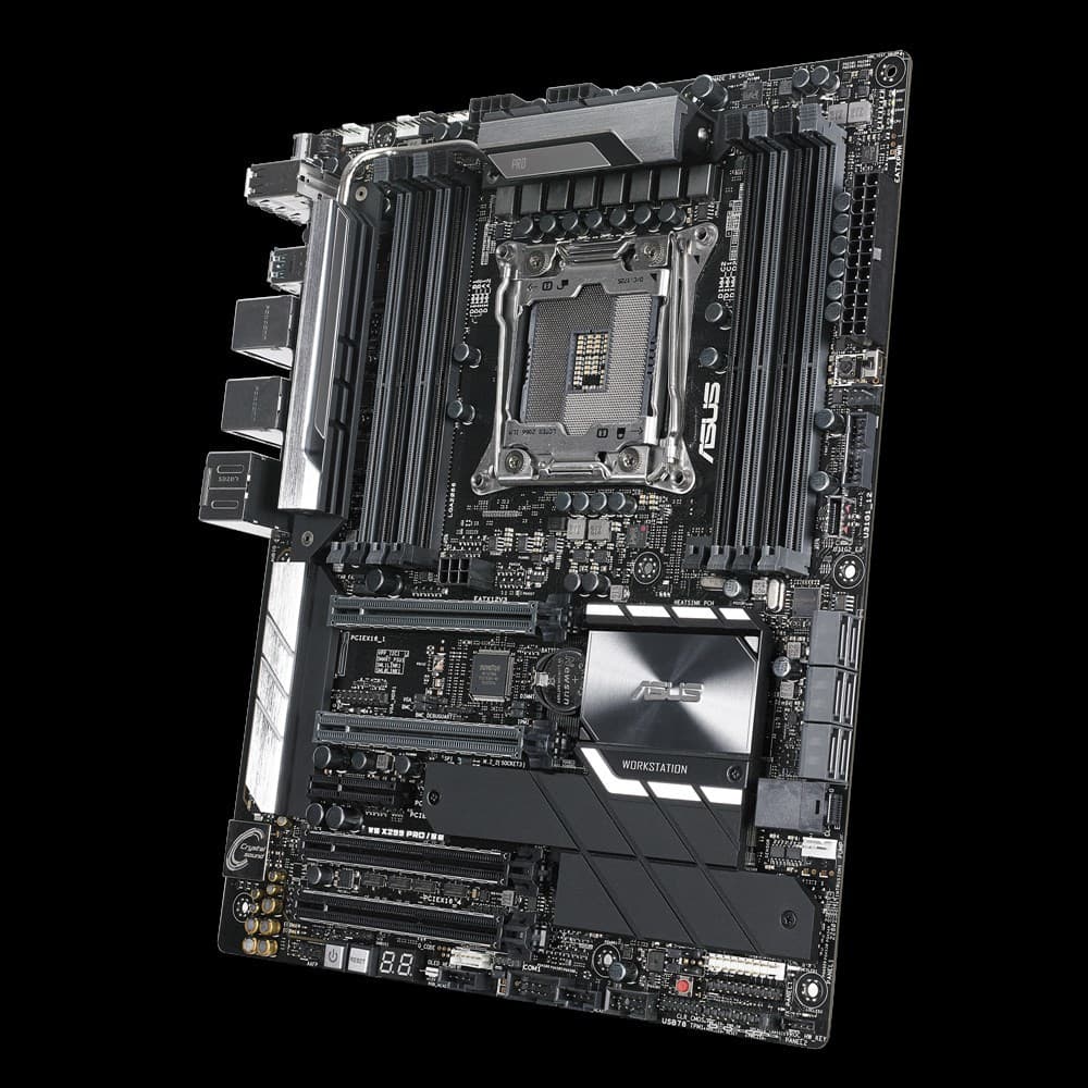 

ASUS WS X299 PRO/SE, 1x Socket 2066 Core, Intel X299, 8x DIMM DDR4 4200(O.C.)/2933 Non-ECC, ASPEED AST2500 64MB, 5x PCIe 3.0, NVIDIA 3-Way SLI/ AMD 3-Way CrossFireX, 2x M.2 ,1x U.2, 6x SATA, Intel Rapid Storage Technology (Raid 0, 1, 5, 10), 2x1Gb Intel I