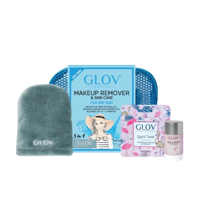 

Glov Travel Set Dry Skin podróżny zestaw On-The-Go rękawica do oczyszczania cery suchej + Quick Treat do korekt makijażu + Magnet Cleanser do czyszczenia rękawic i pędzli + kosmetyczka