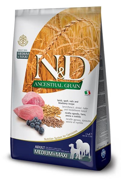 

FARMINA N&D ANCESTRAL GRAIN DOG LAMB, SPELT, OATS AND BLUEBERRY ADULT MEDIUM & MAXI 2,5kg