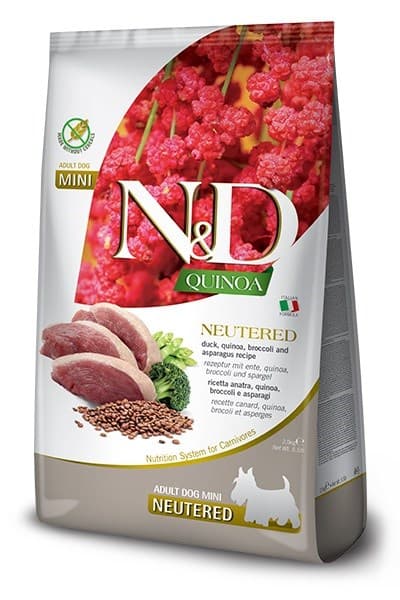 

FARMINA N&D QUINOA DOG DUCK, BROCCOLI & ASPARAGUS NEUTERED ADULT MINI dla psów kastrowanych 2,5kg