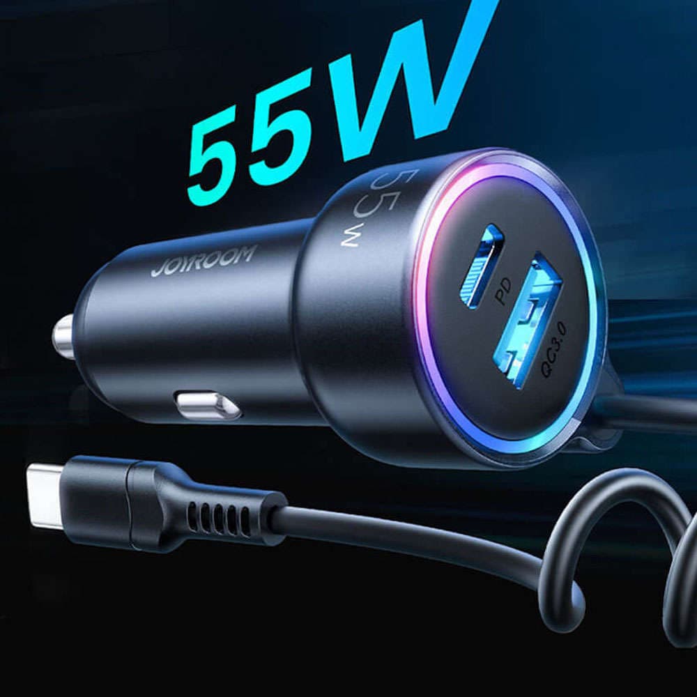 

Ładowarka samochodowa Joyroom JR-CL07 3w1 z kablem USB-C Typ C 1.5m 55W czarny